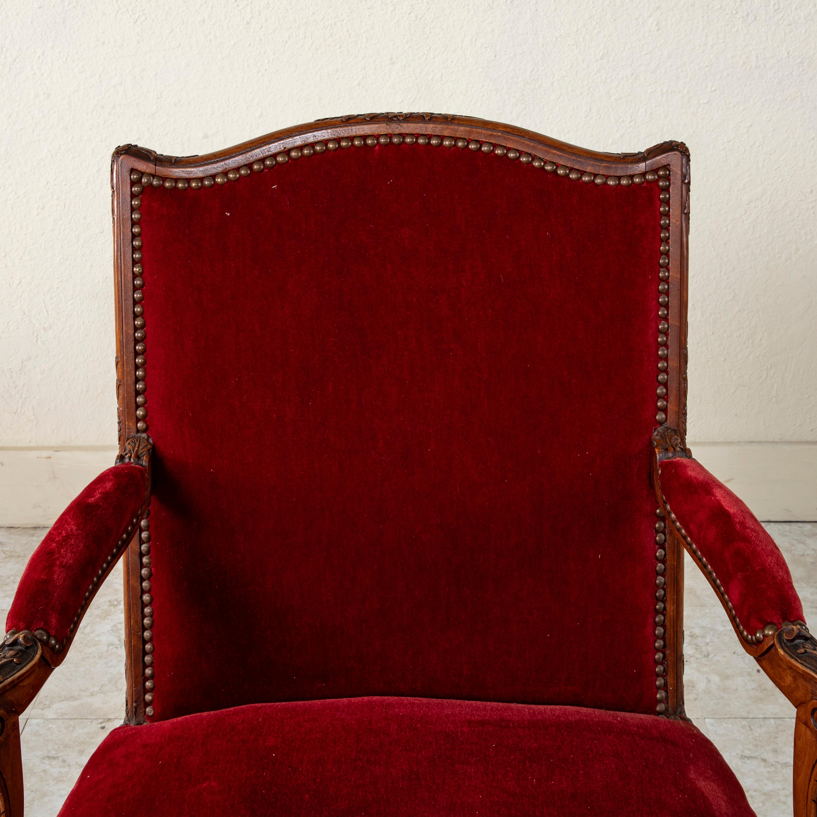 Mid 19th Century French Regency Style Hand Carved Beechwood Armchairs, Velvet For Sale 11