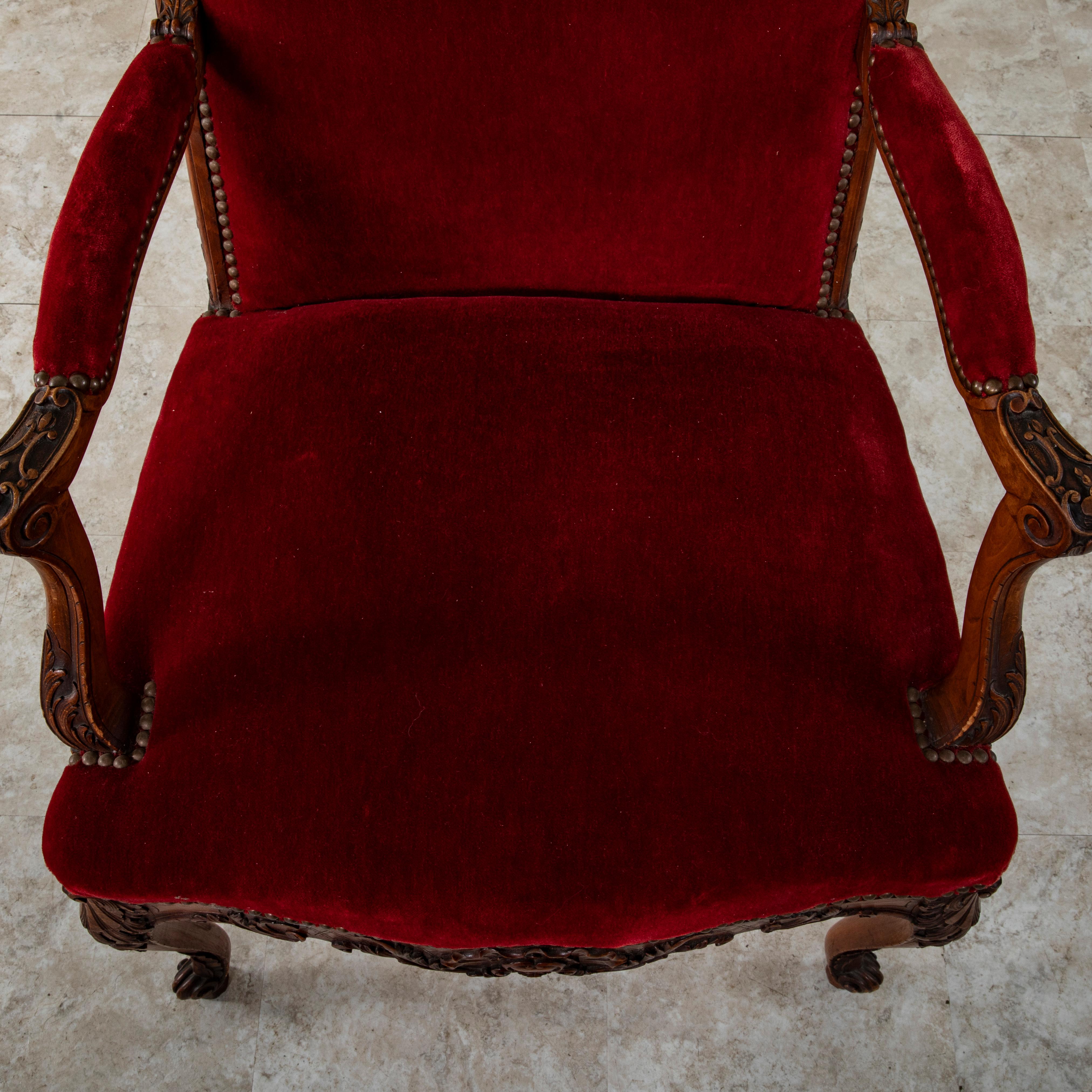 Mid 19th Century French Regency Style Hand Carved Beechwood Armchairs, Velvet For Sale 12