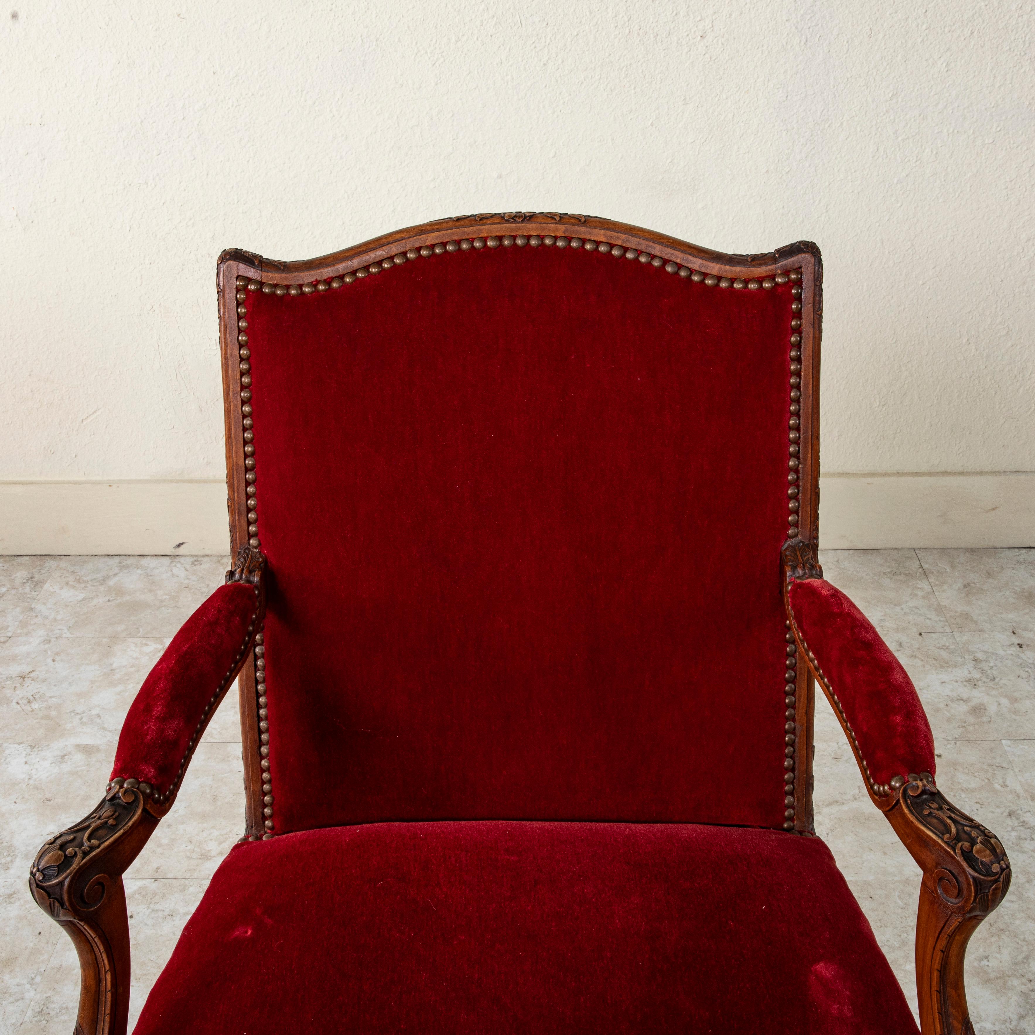 Mid 19th Century French Regency Style Hand Carved Beechwood Armchairs, Velvet For Sale 13