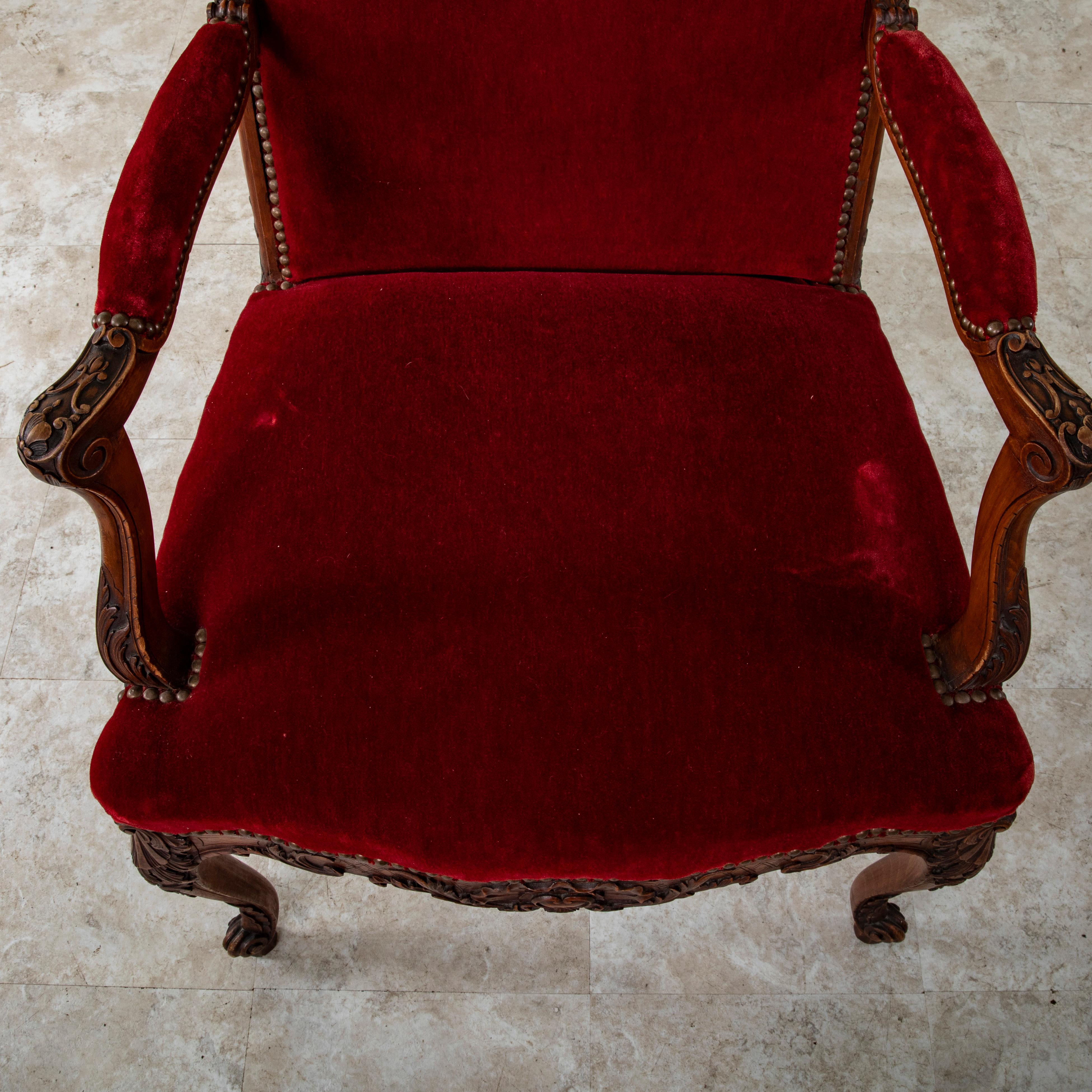 Mid 19th Century French Regency Style Hand Carved Beechwood Armchairs, Velvet For Sale 14