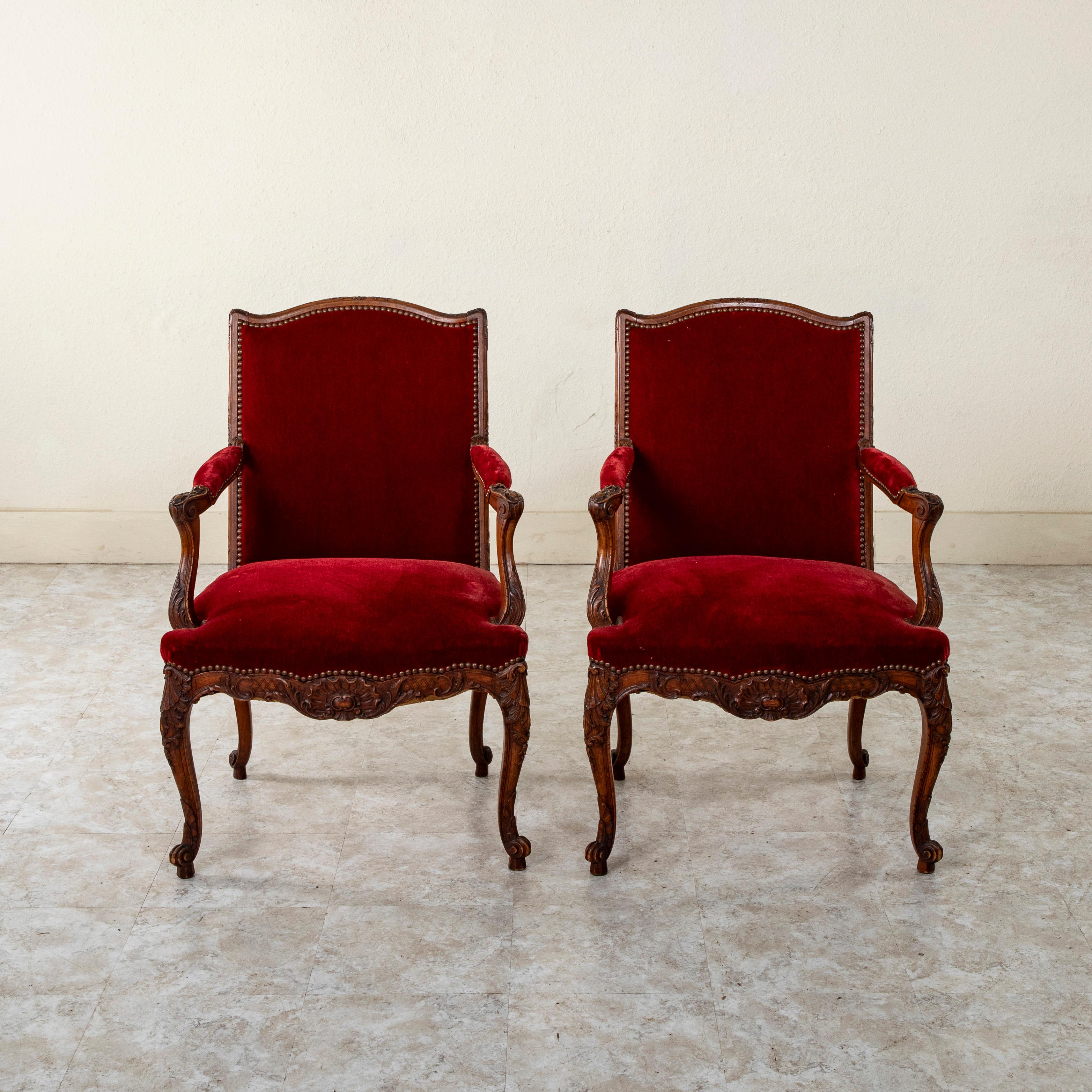 Hand-Carved Mid 19th Century French Regency Style Hand Carved Beechwood Armchairs, Velvet For Sale