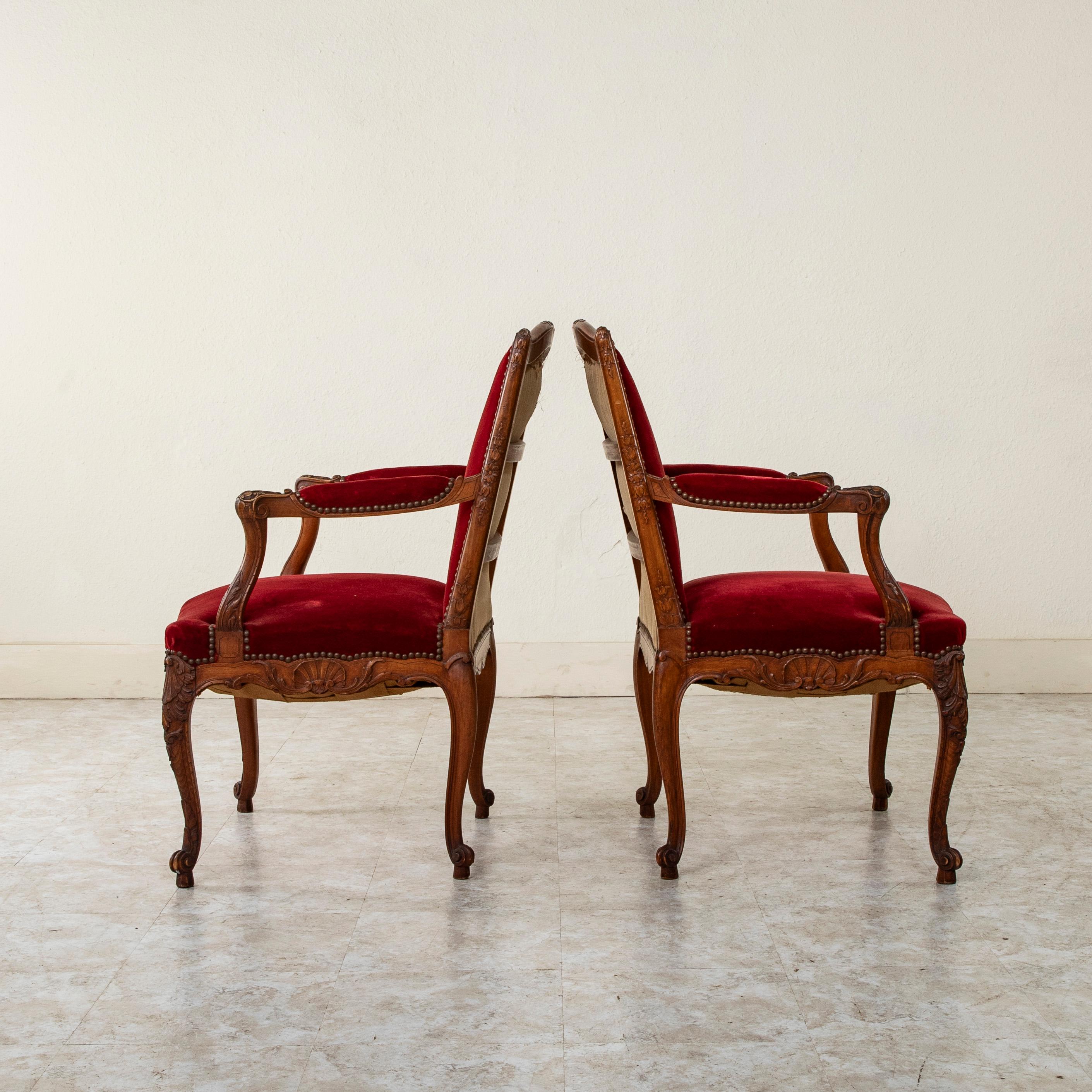 Mid 19th Century French Regency Style Hand Carved Beechwood Armchairs, Velvet For Sale 1