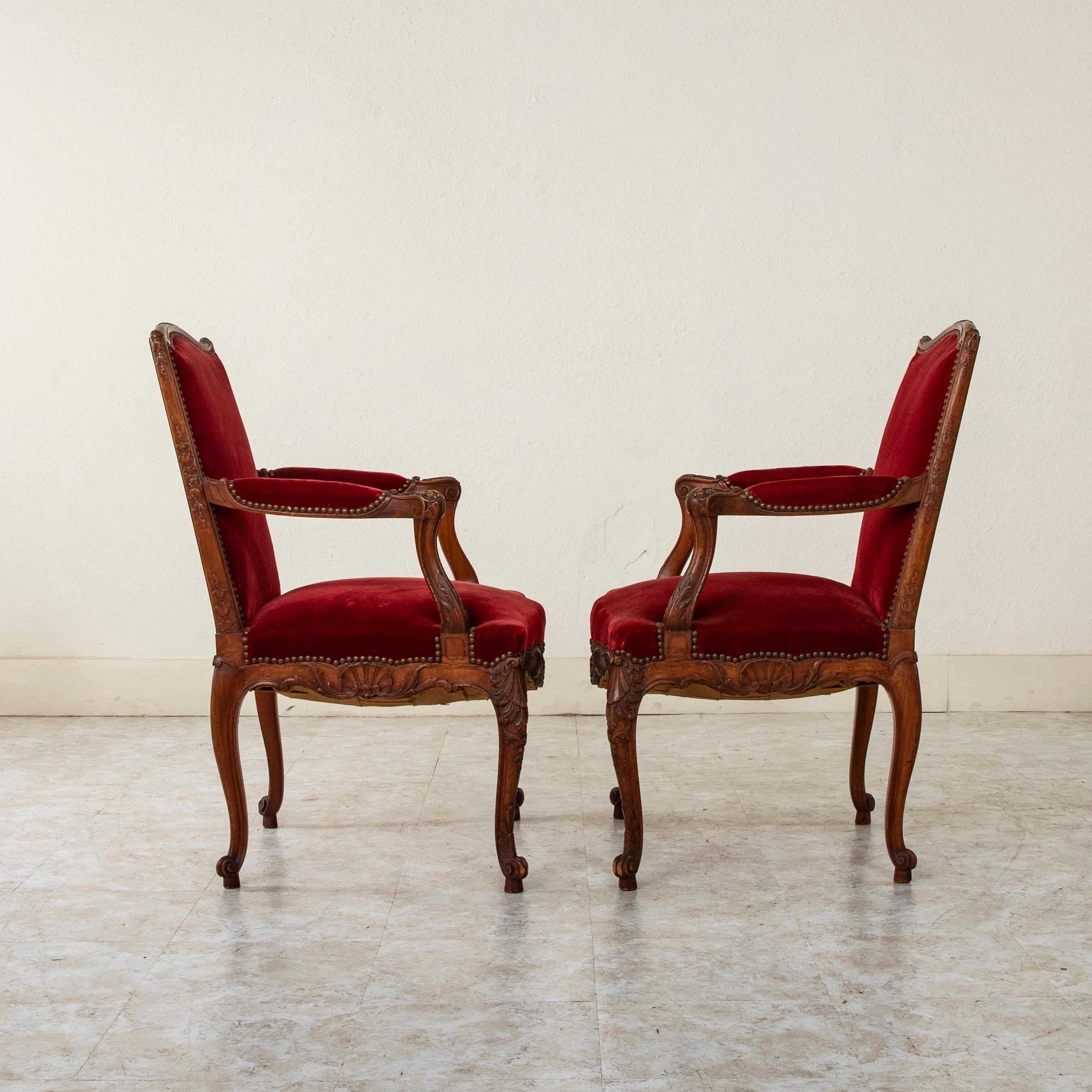 Mid 19th Century French Regency Style Hand Carved Beechwood Armchairs, Velvet For Sale 3