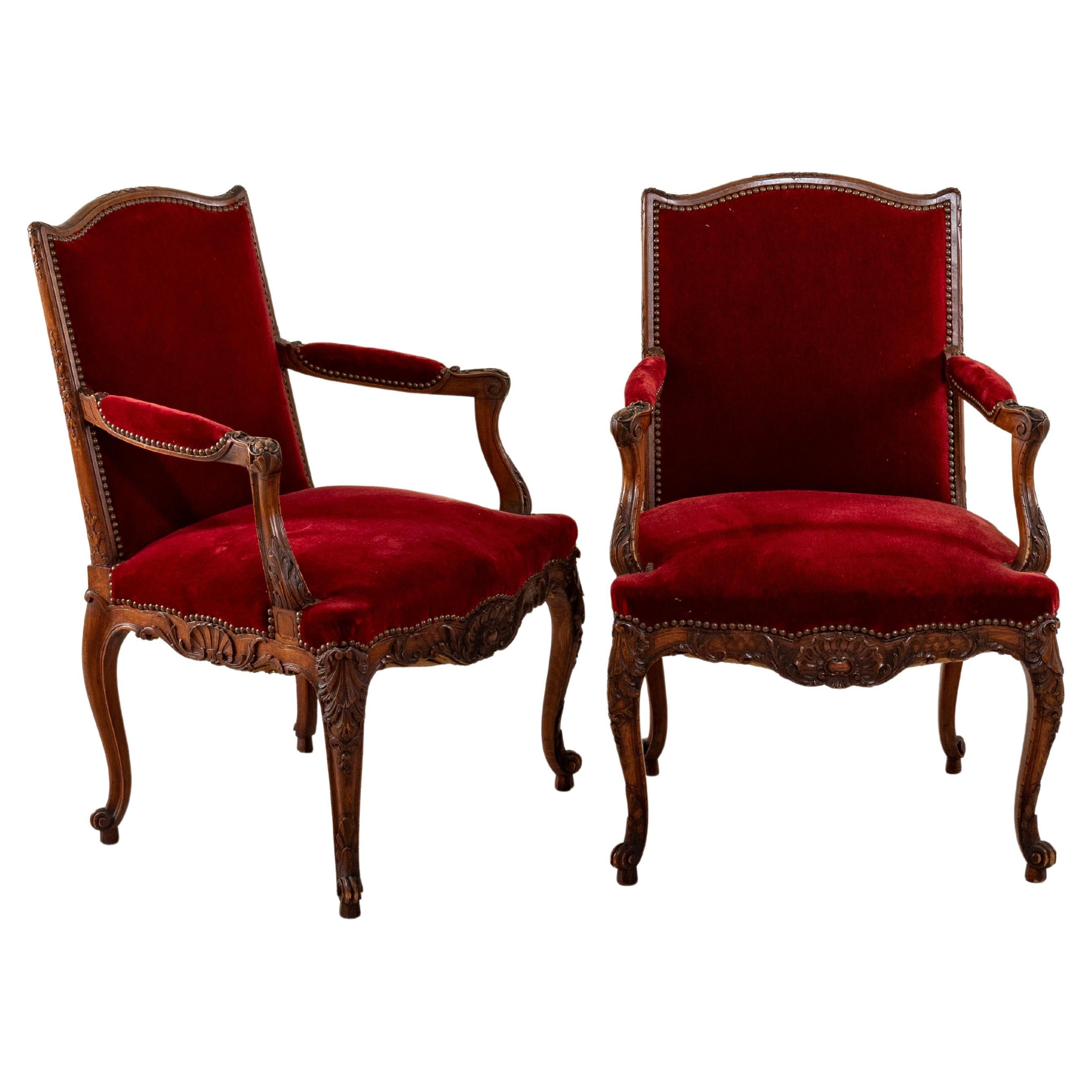 Mid 19th Century French Regency Style Hand Carved Beechwood Armchairs, Velvet For Sale