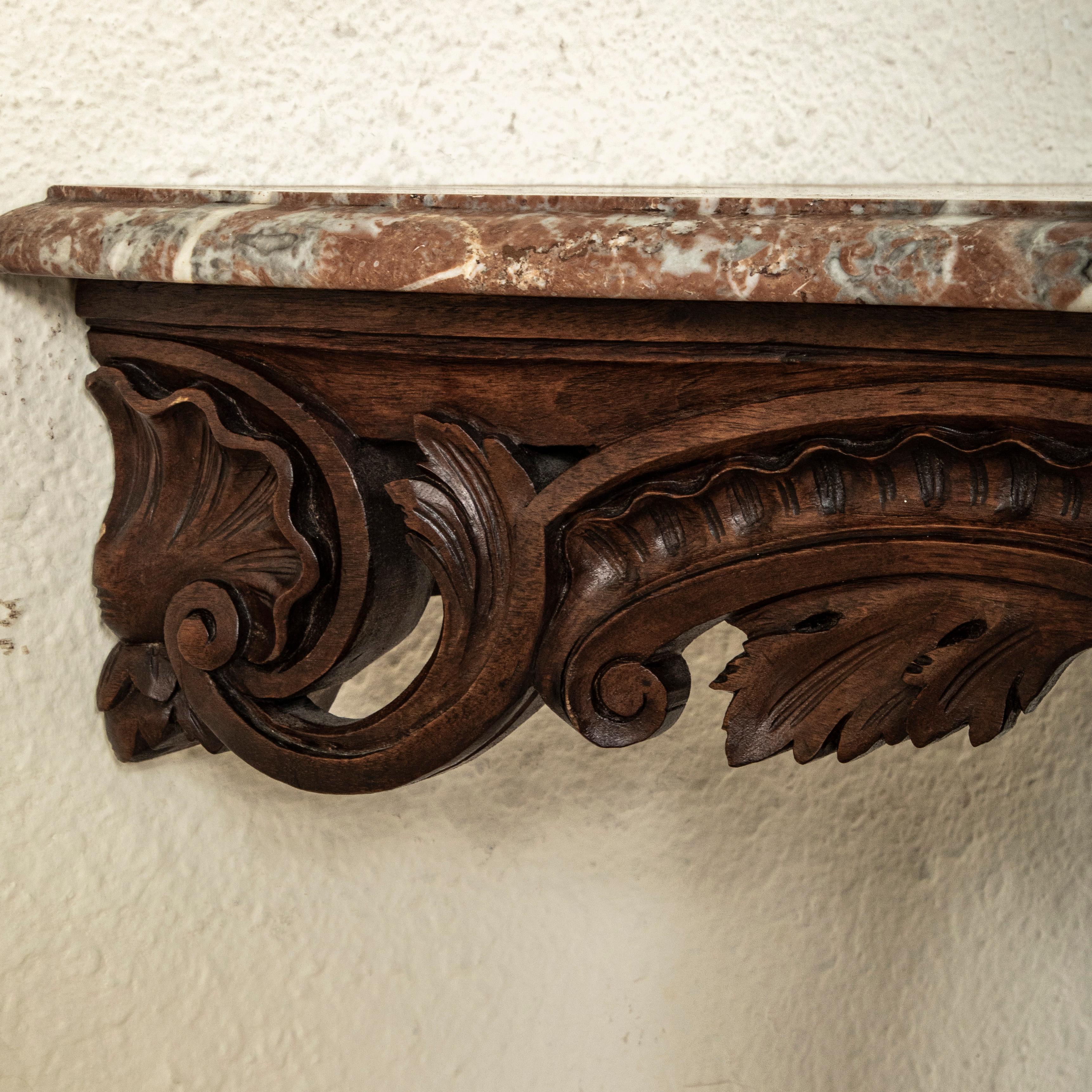Table console en noyer sculpté à la main, marbre, style Régence française du milieu du 19e siècle en vente 4
