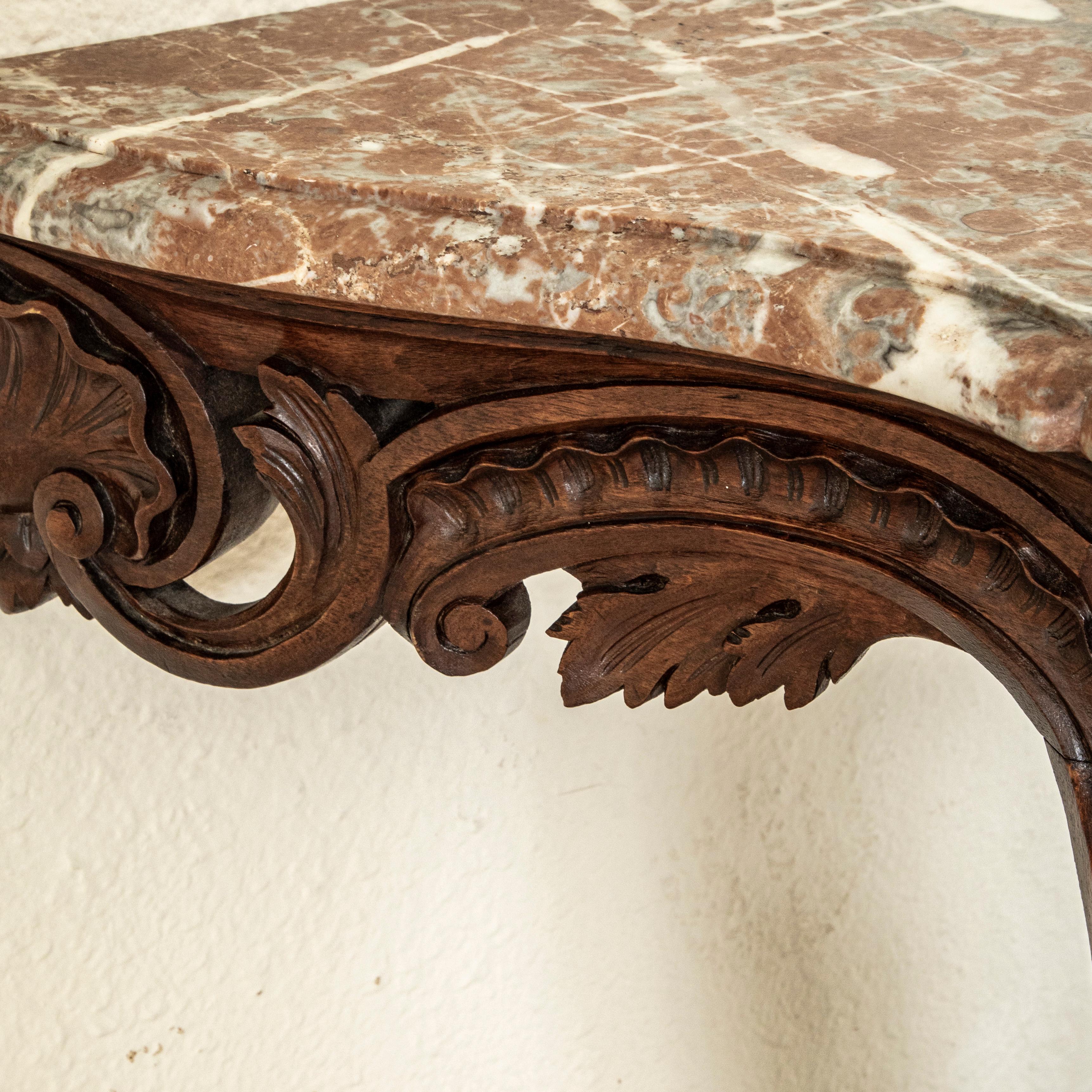 Table console en noyer sculpté à la main, marbre, style Régence française du milieu du 19e siècle en vente 5
