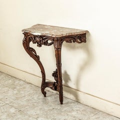 Mid-19th Century French Regency Style Hand Carved Walnut Console Table, Marble