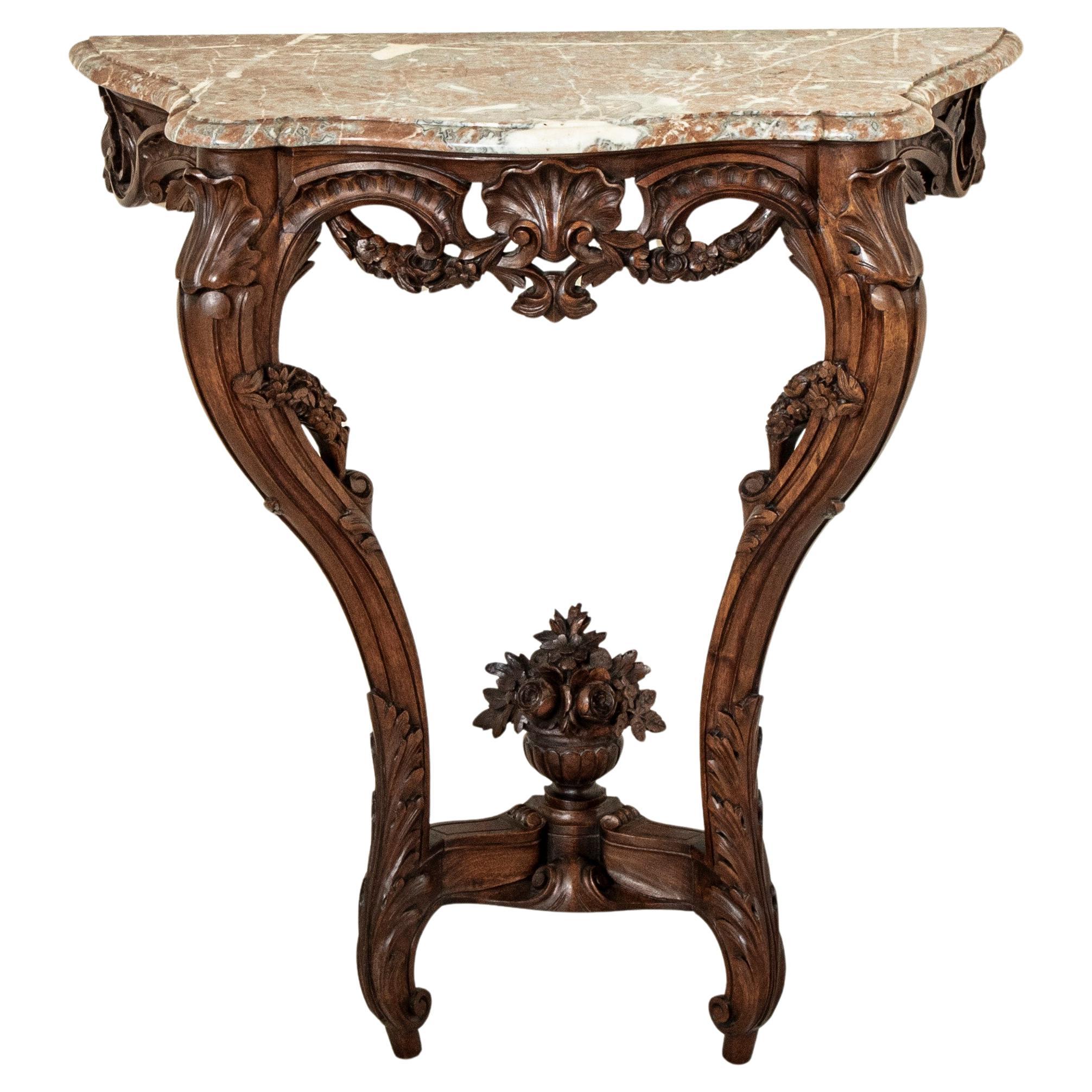Table console en noyer sculpté à la main, marbre, style Régence française du milieu du 19e siècle