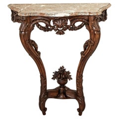 Table console en noyer sculpté à la main, marbre, style Régence française du milieu du 19e siècle