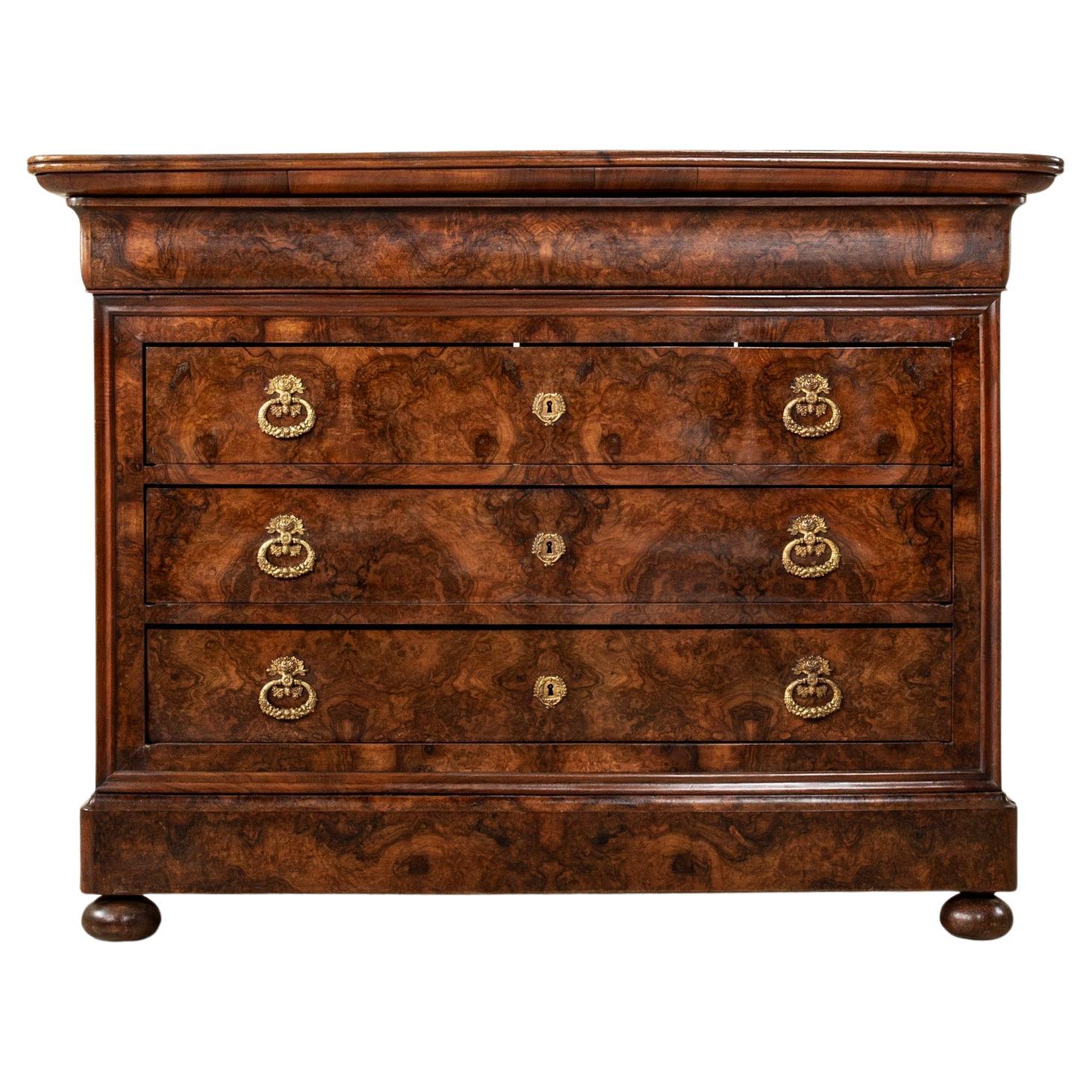 Mid-19th Century French Restauration Period Burl Walnut Chest of Drawers For Sale