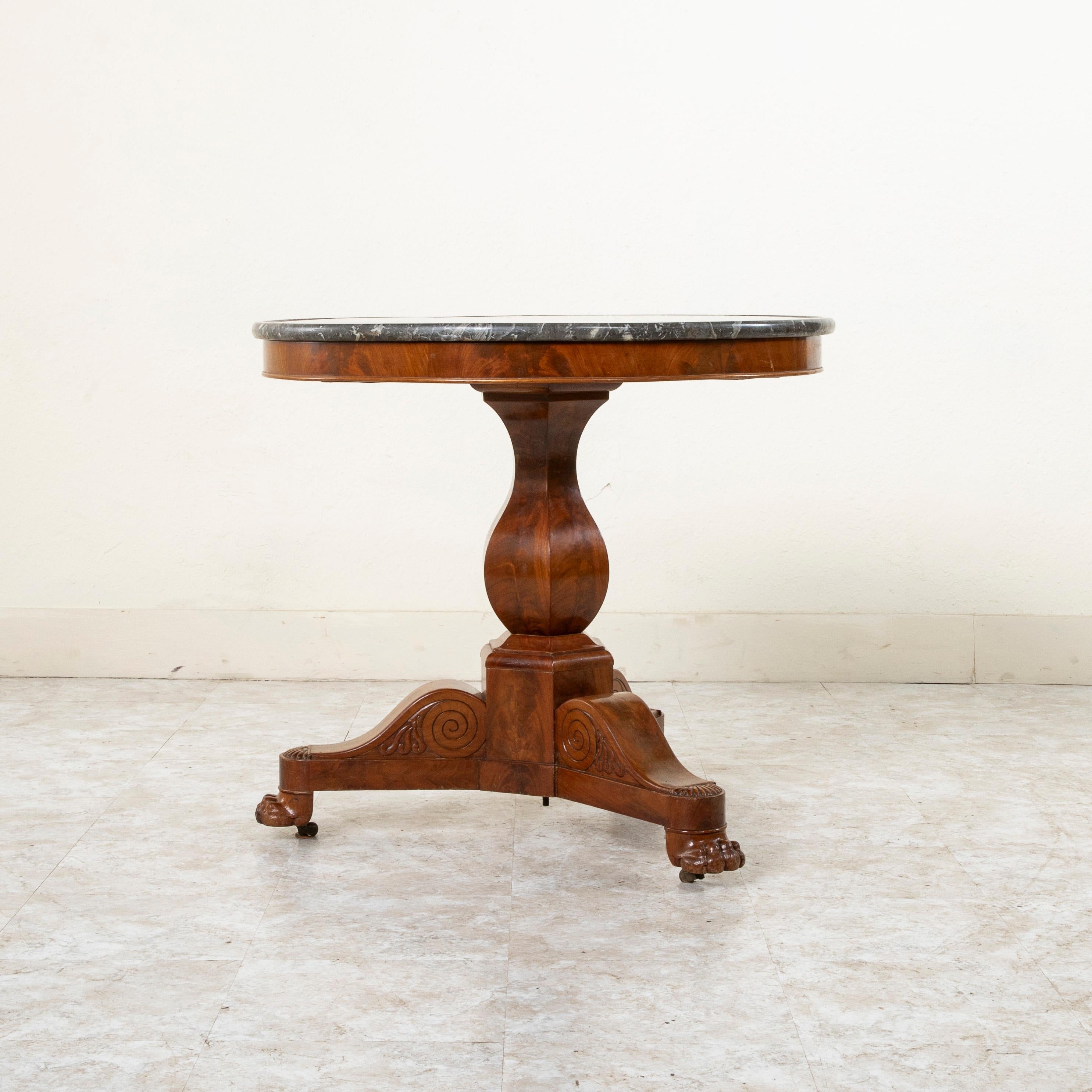 Beveled Mid-19th Century French Restauration Period Mahogany and Marble Pedestal Table For Sale