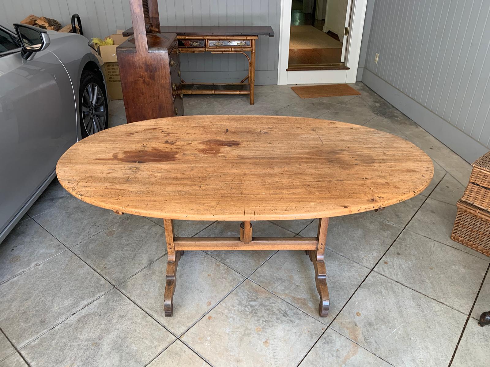 Mid-19th Century French Rustic Oval Wine Tasting Table with Trestle Base In Good Condition In Atlanta, GA