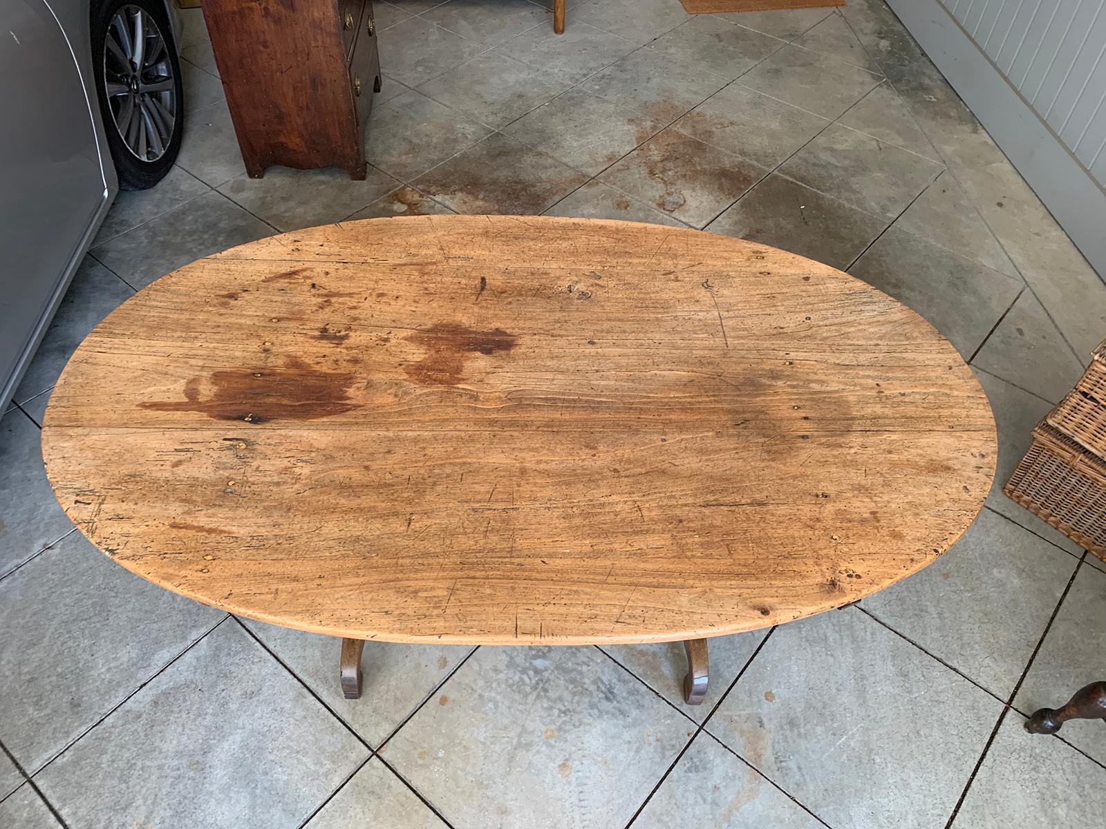 Wood Mid-19th Century French Rustic Oval Wine Tasting Table with Trestle Base