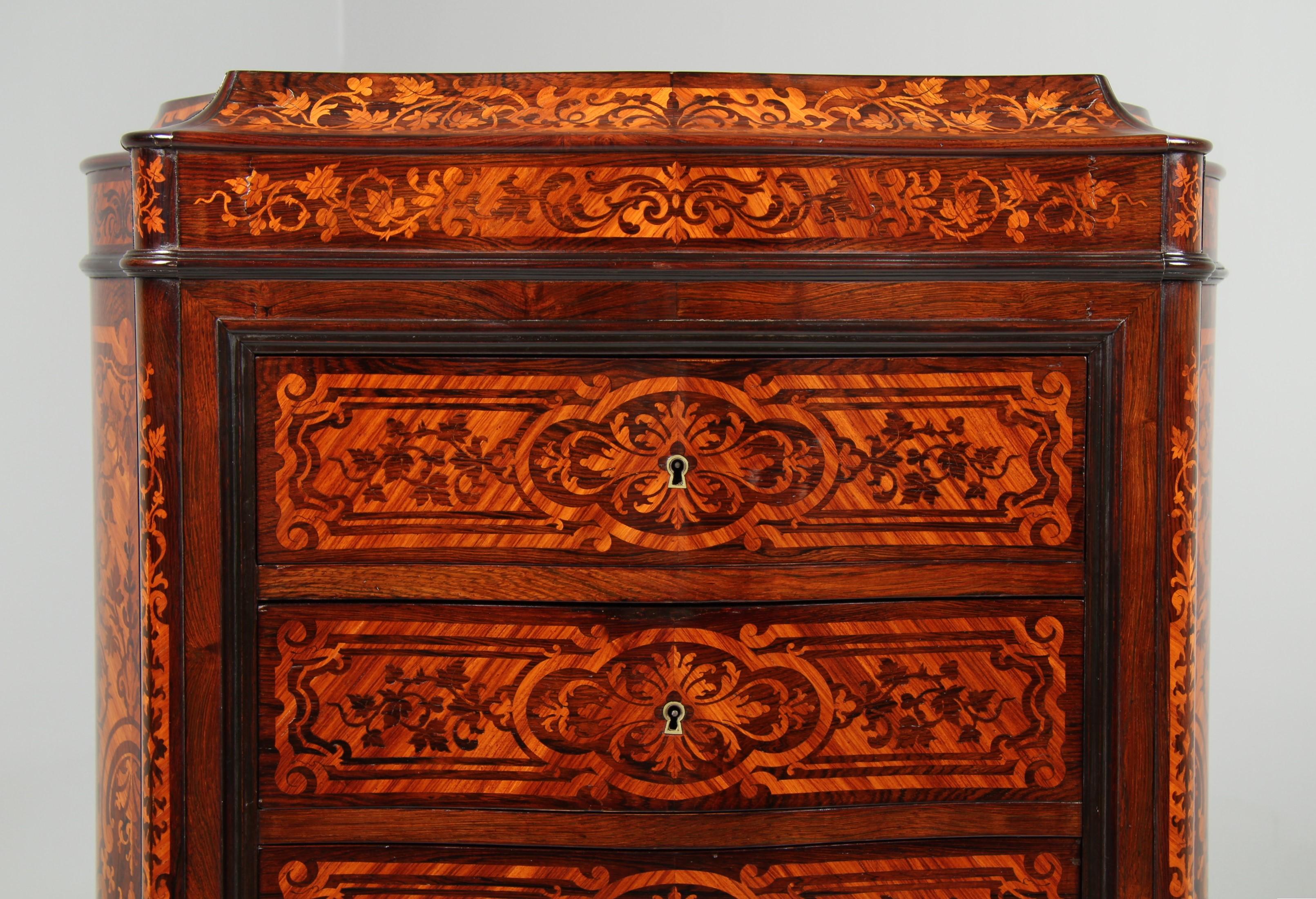 Marquetry Mid 19th Century French Semainier or High Chest with Secretary Compartement For Sale