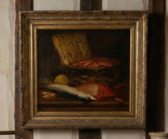 Mitte des 19. Jahrhunderts Französisches Stilleben mit Fisch und Garnelen - Original Öl auf Leinwand