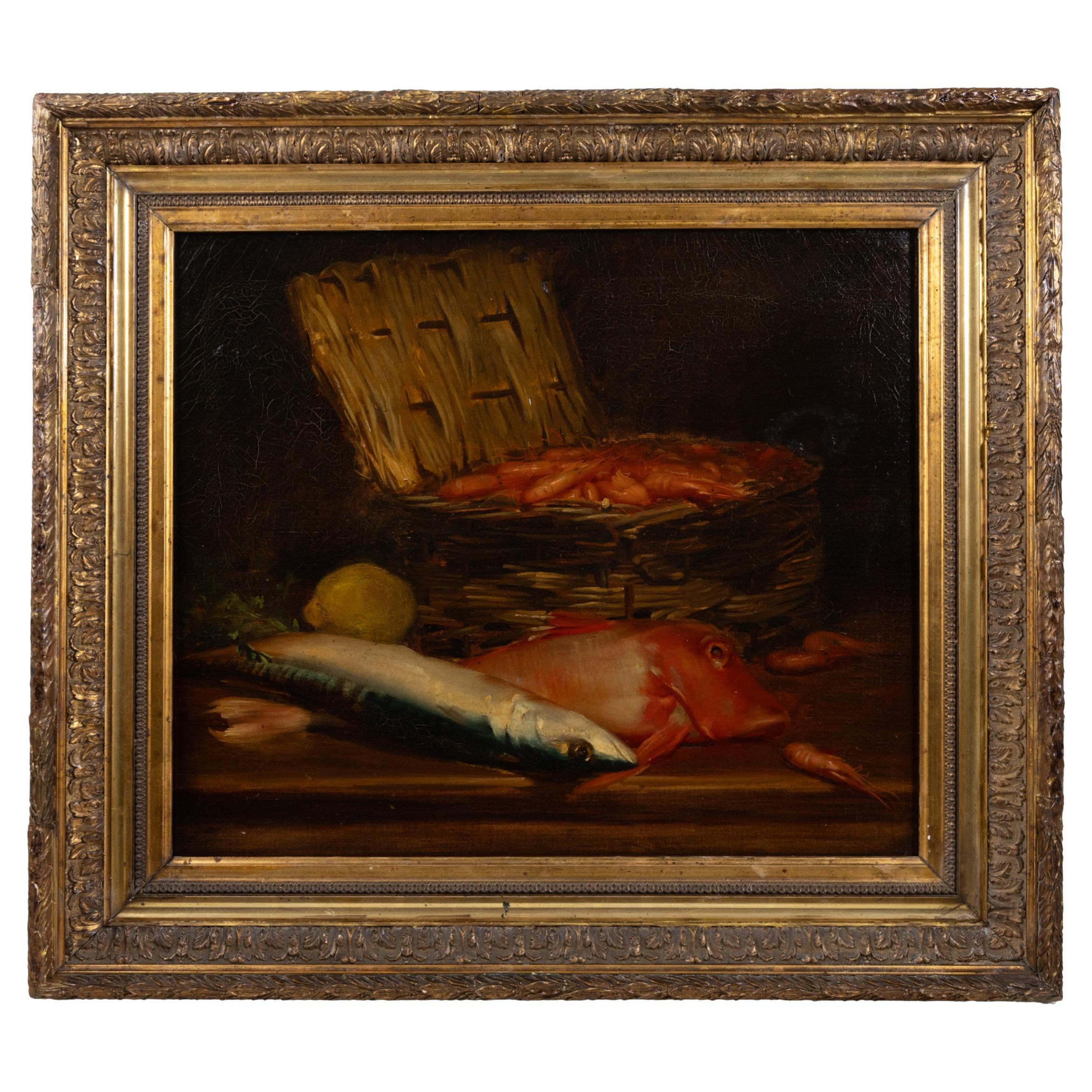 Mid-19th Century French Still Life with Fish & Prawns – Original Oil on Canvas