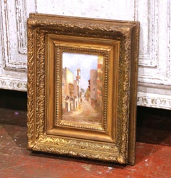 Mid-19th Century French Street Scene Oil on Board Painting in Carved Gilt Frame
