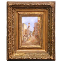 Mid-19th Century French Street Scene Oil on Board Painting in Carved Gilt Frame