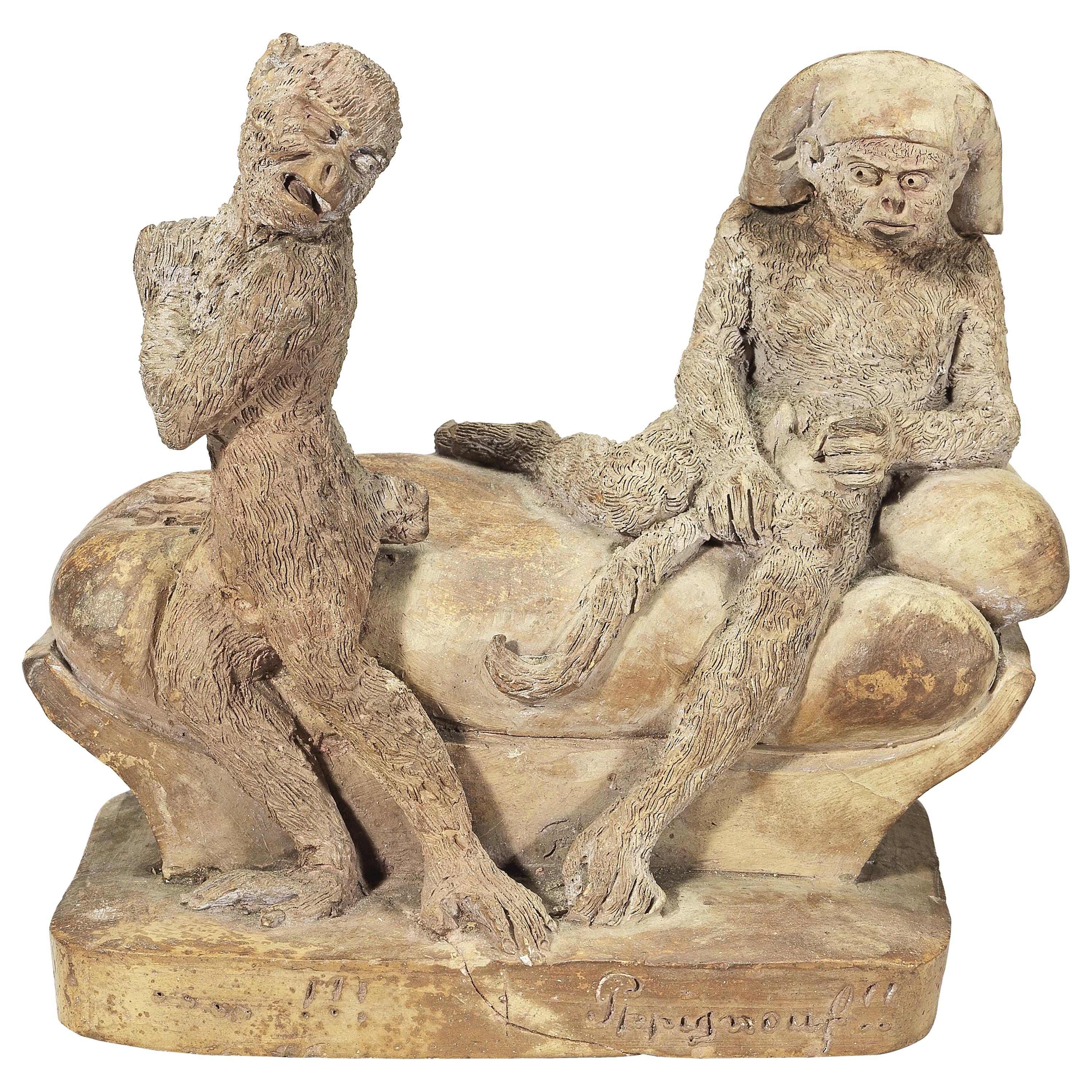 Mid-19th Century French Terracotta Comical Animalier Group of Two Monkeys For Sale