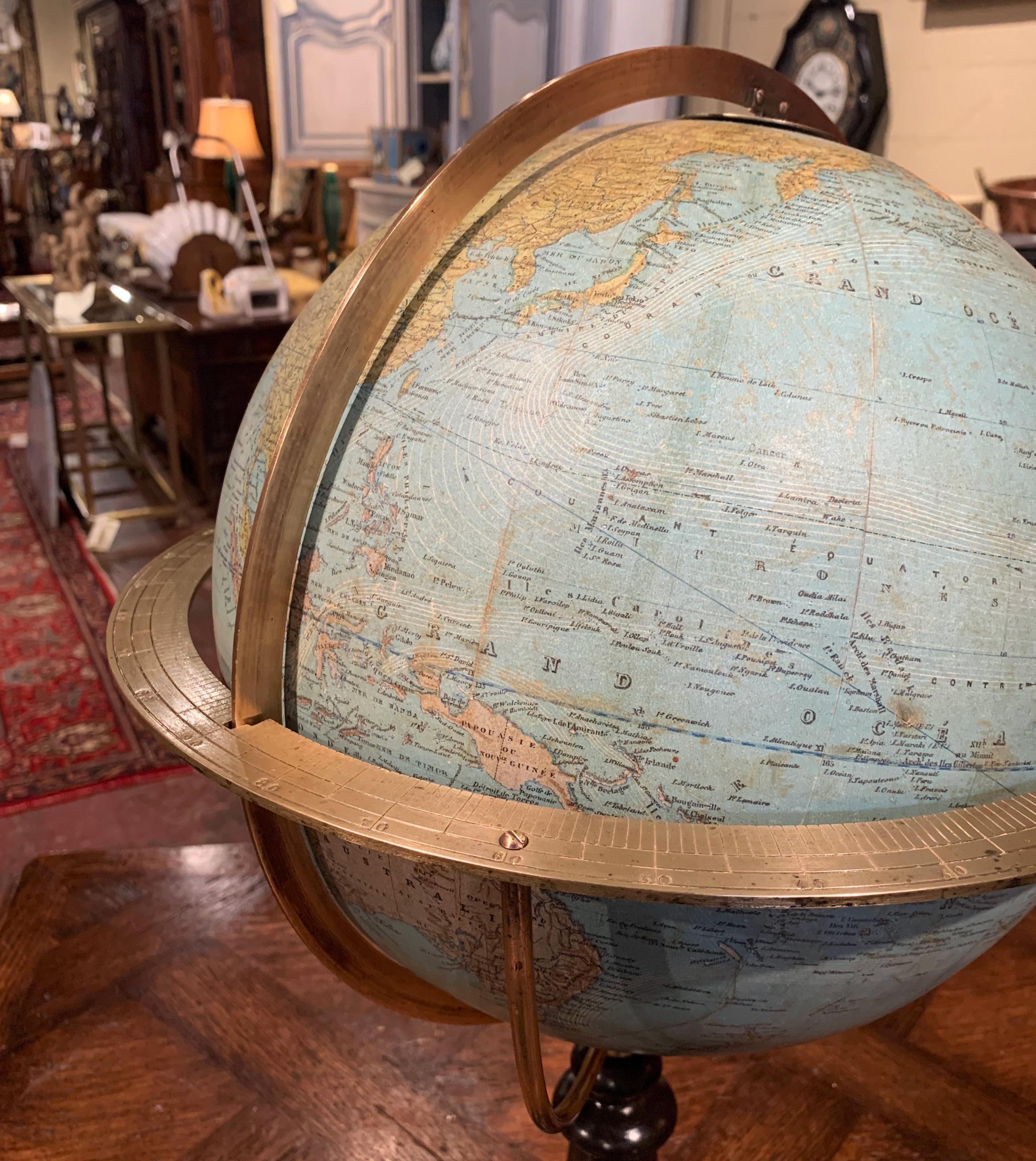 Hand-Crafted Mid-19th Century French Terrestrial Globe with Brass Frame Signed Ch. Perigot For Sale