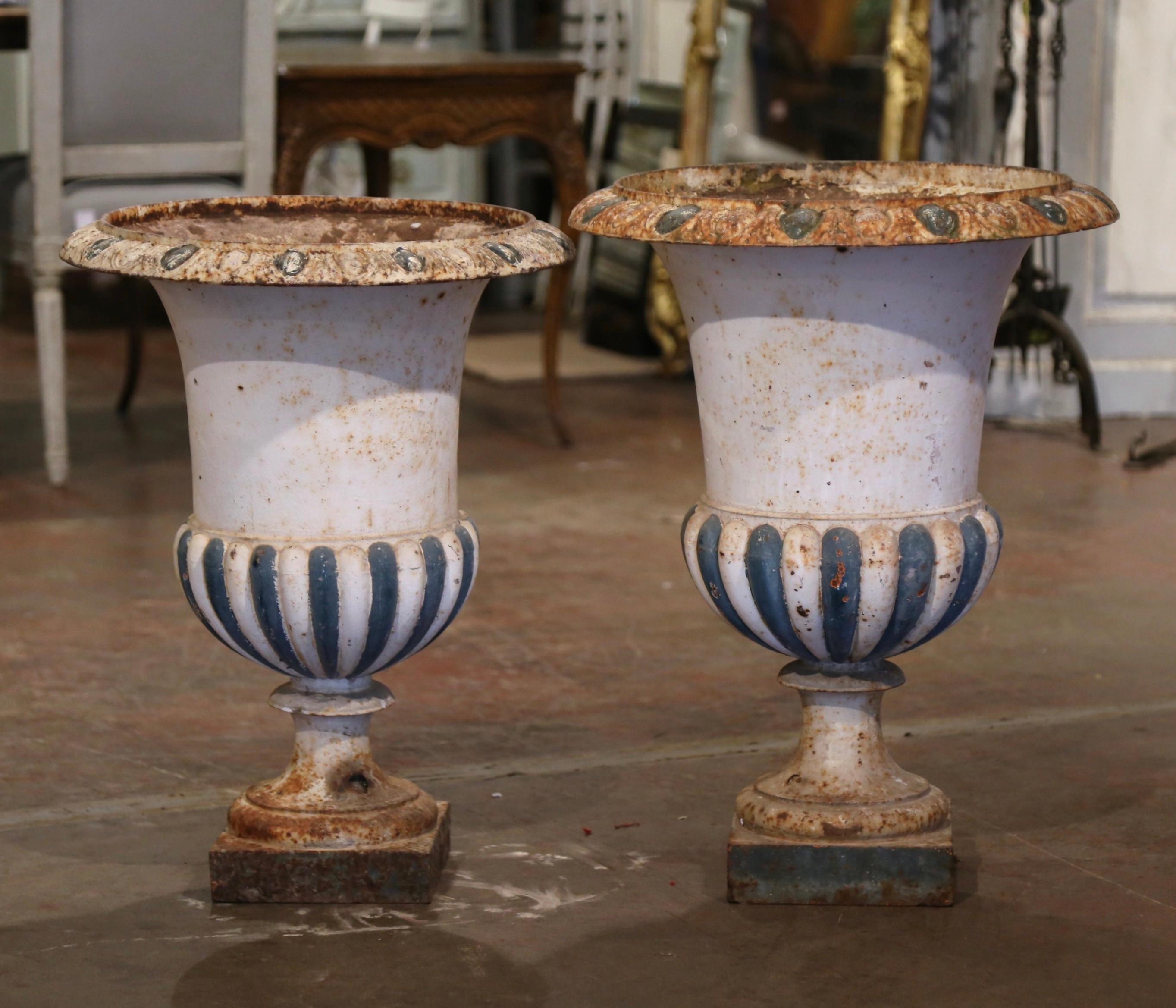 Patinated Mid-19th Century, French, Two-Tone Painted Iron Campana Form Urns, Set of 2 For Sale