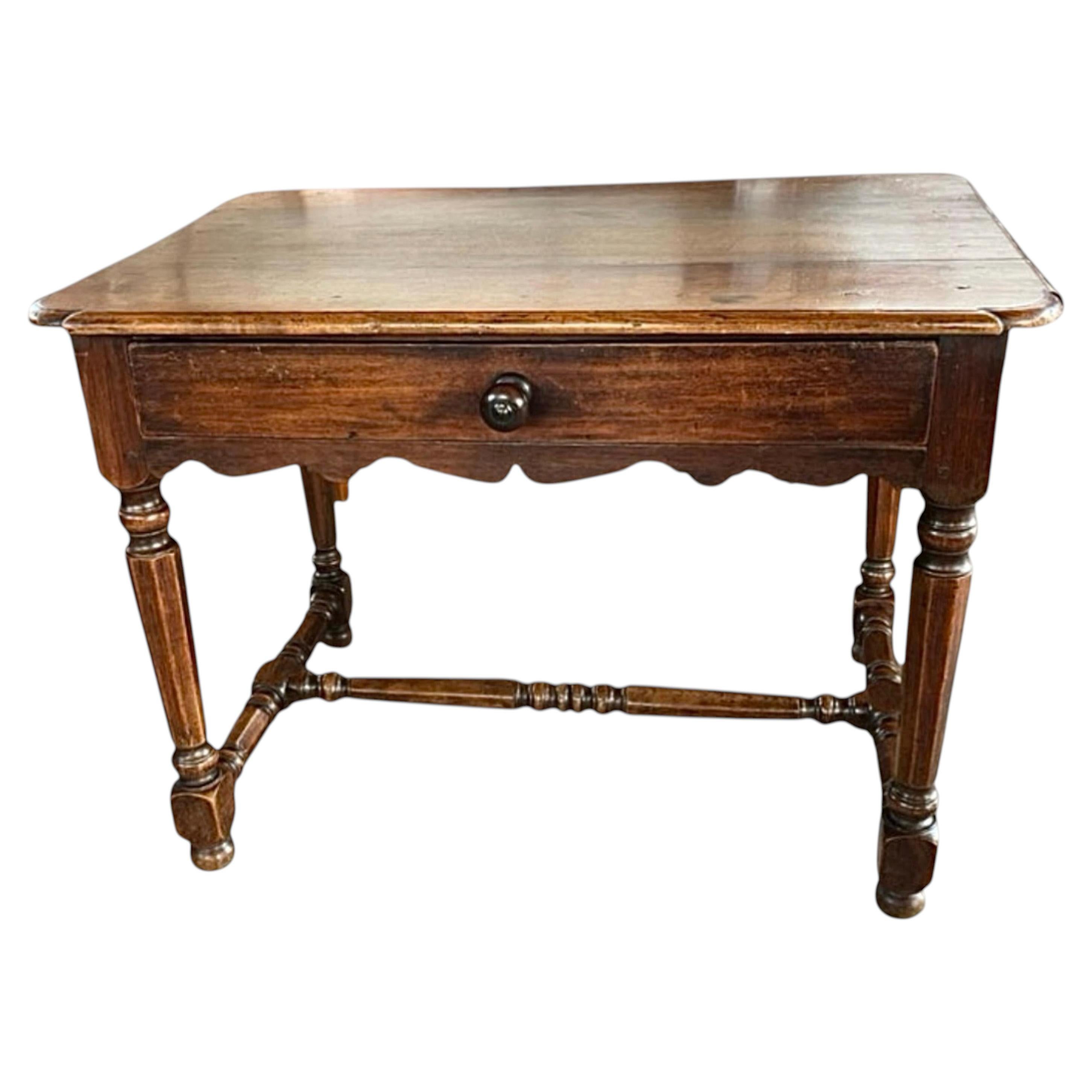 Mid-19th Century French Walnut Side Table, Hand-Carved, Rustic Design For Sale