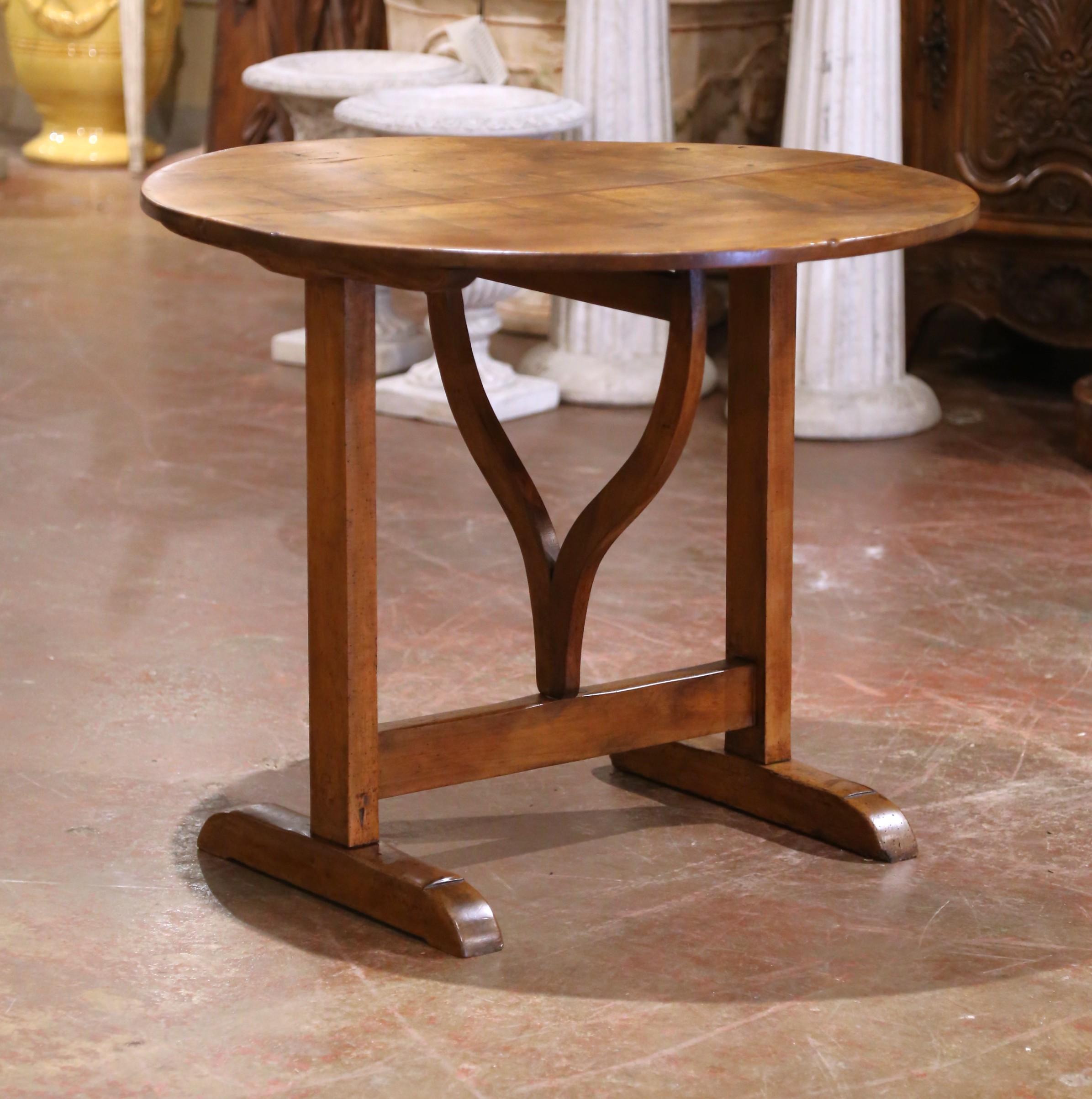 Country Mid-19th Century French Walnut Wine Tasting Table with Lyre-Form Stretcher For Sale