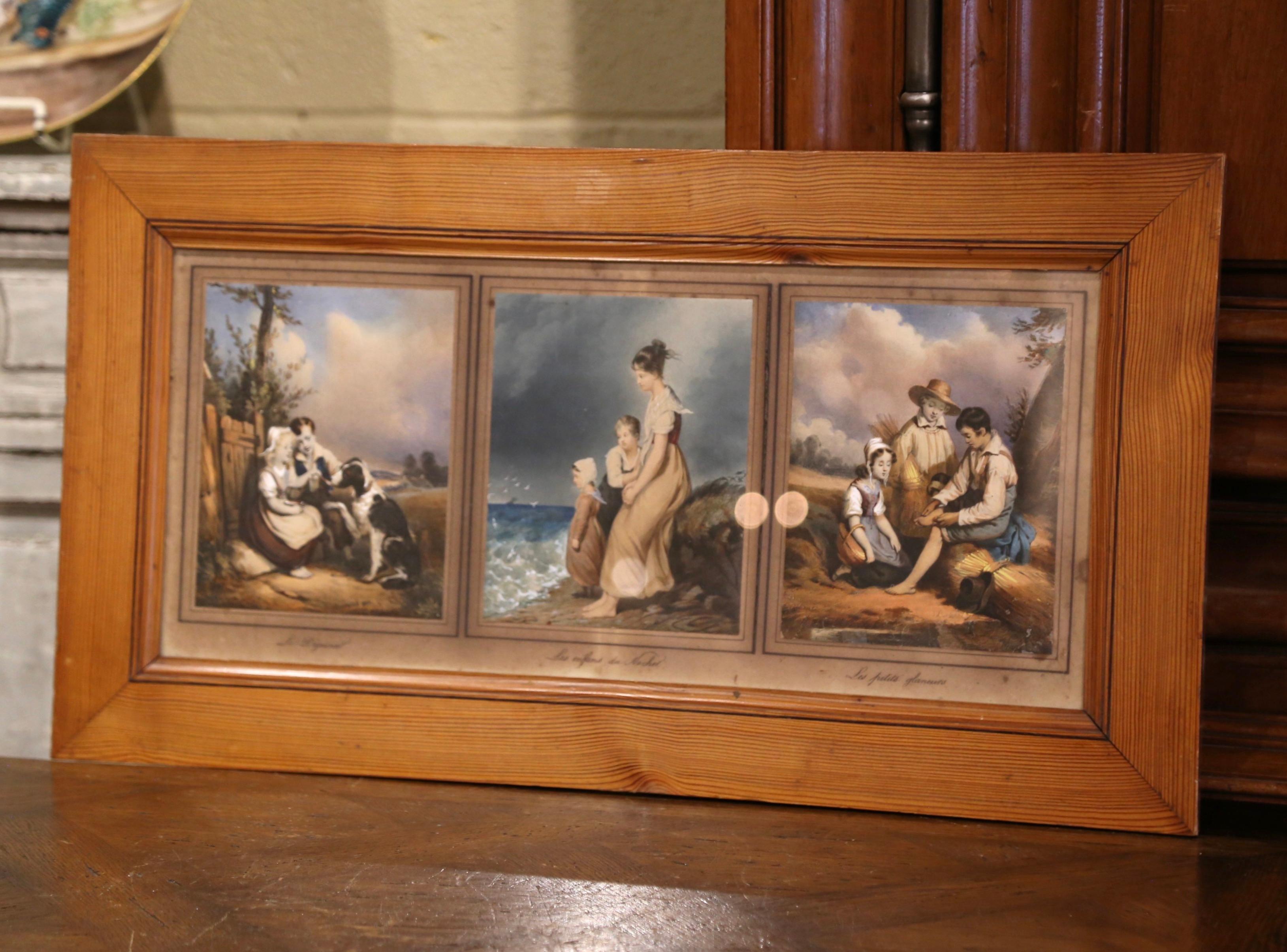 Decorate a bedroom or study with this charming antique framed watercolors. Crafted in France circa 1860 and set in a pine frame, the artwork features three hand painted watercolors protected with glass. Titled 