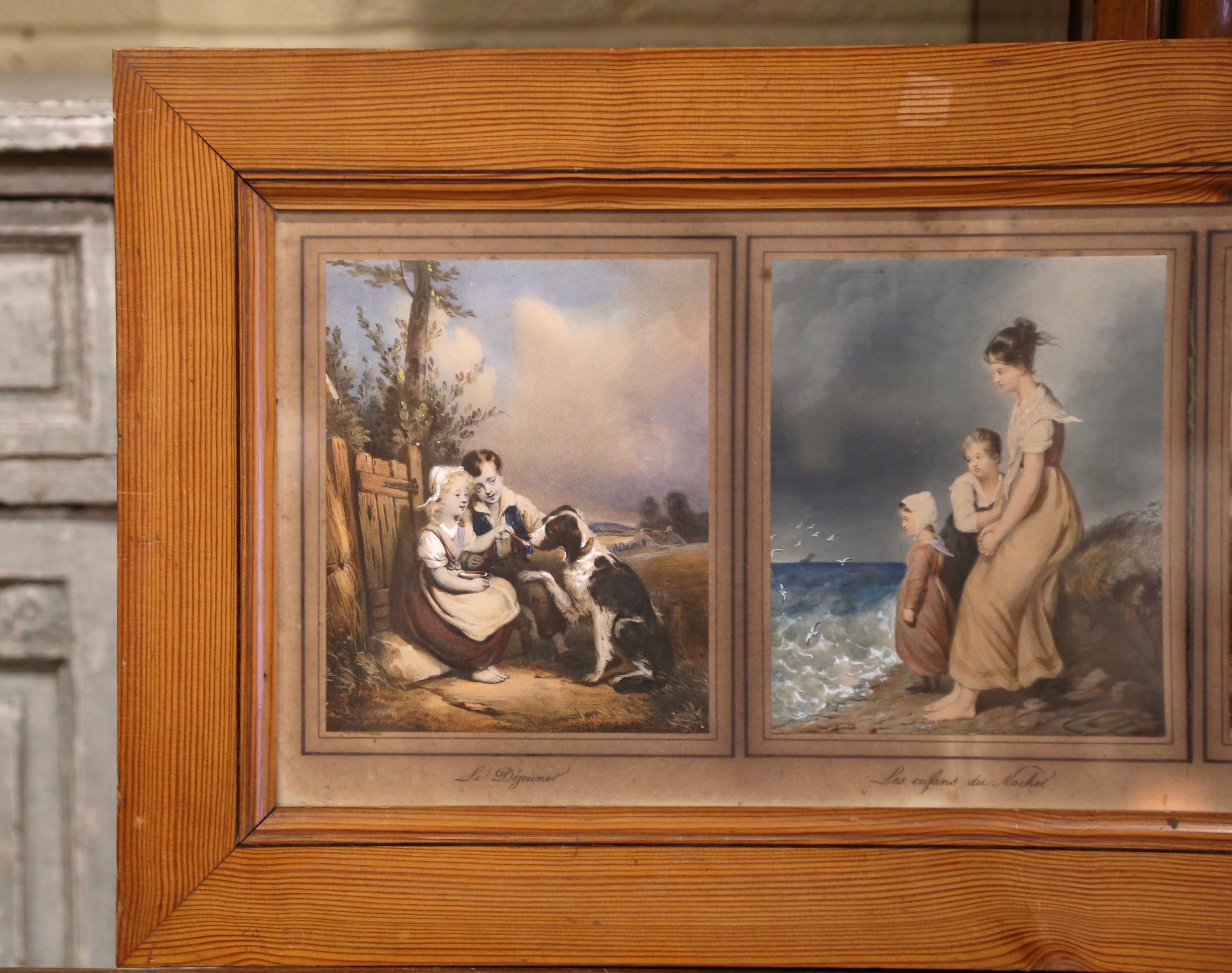 Country Mid 19th Century French Watercolor Pictures under Glass in Pine Frame For Sale