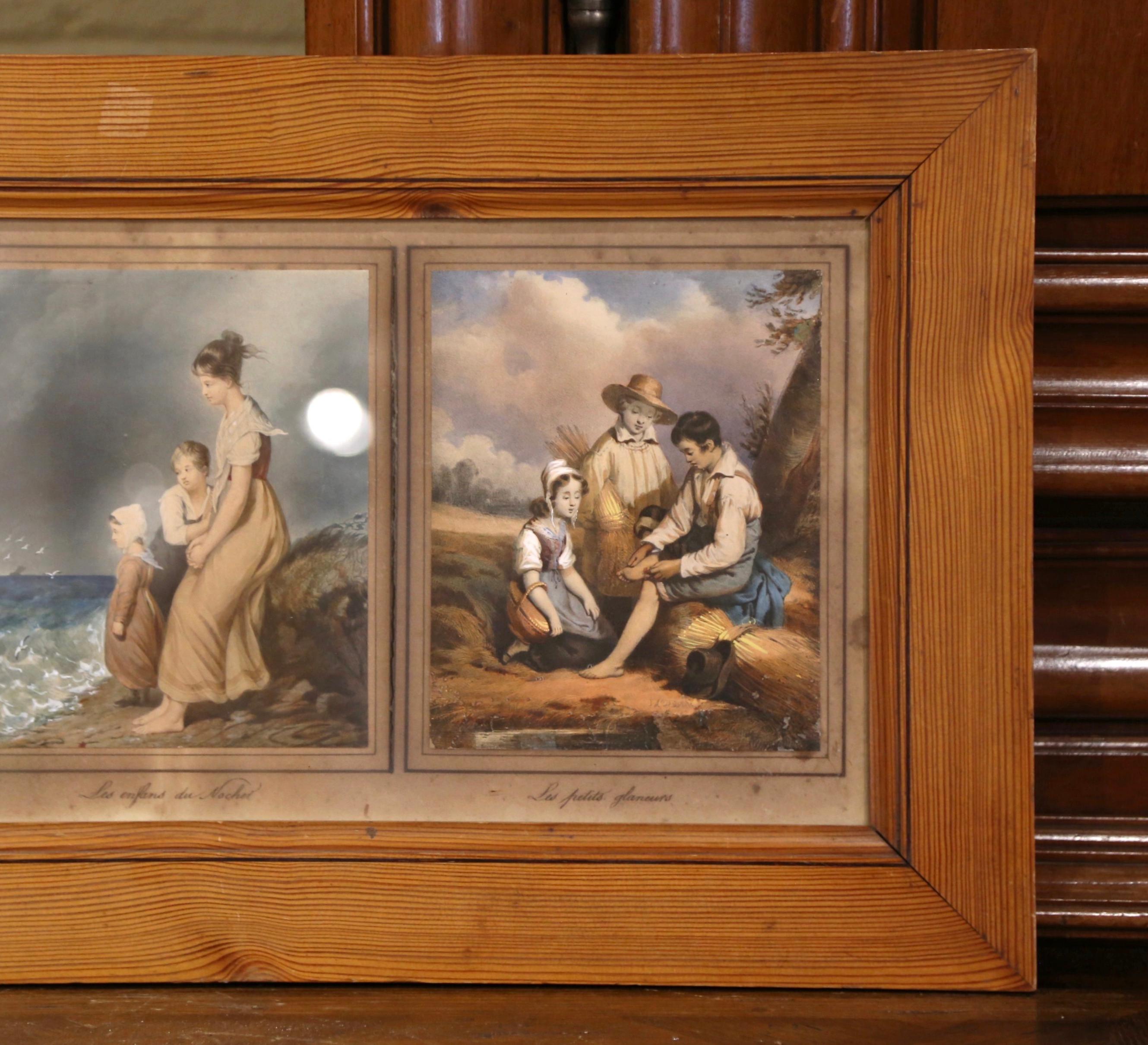 Hand-Painted Mid 19th Century French Watercolor Pictures under Glass in Pine Frame For Sale