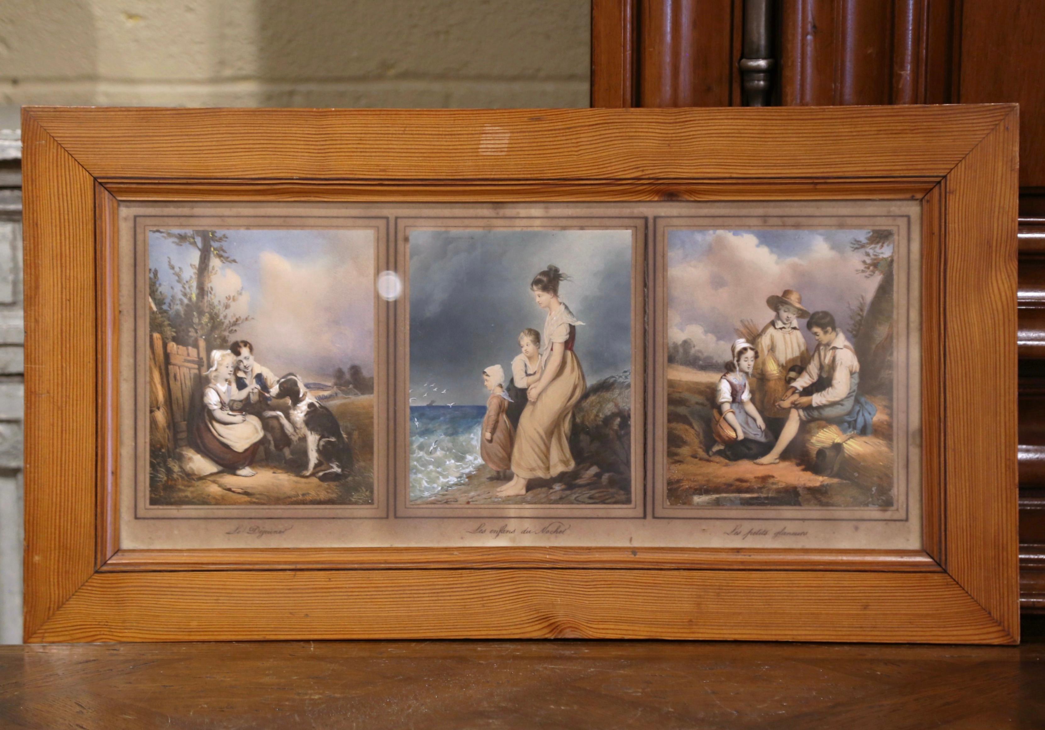 Mid 19th Century French Watercolor Pictures under Glass in Pine Frame In Excellent Condition For Sale In Dallas, TX