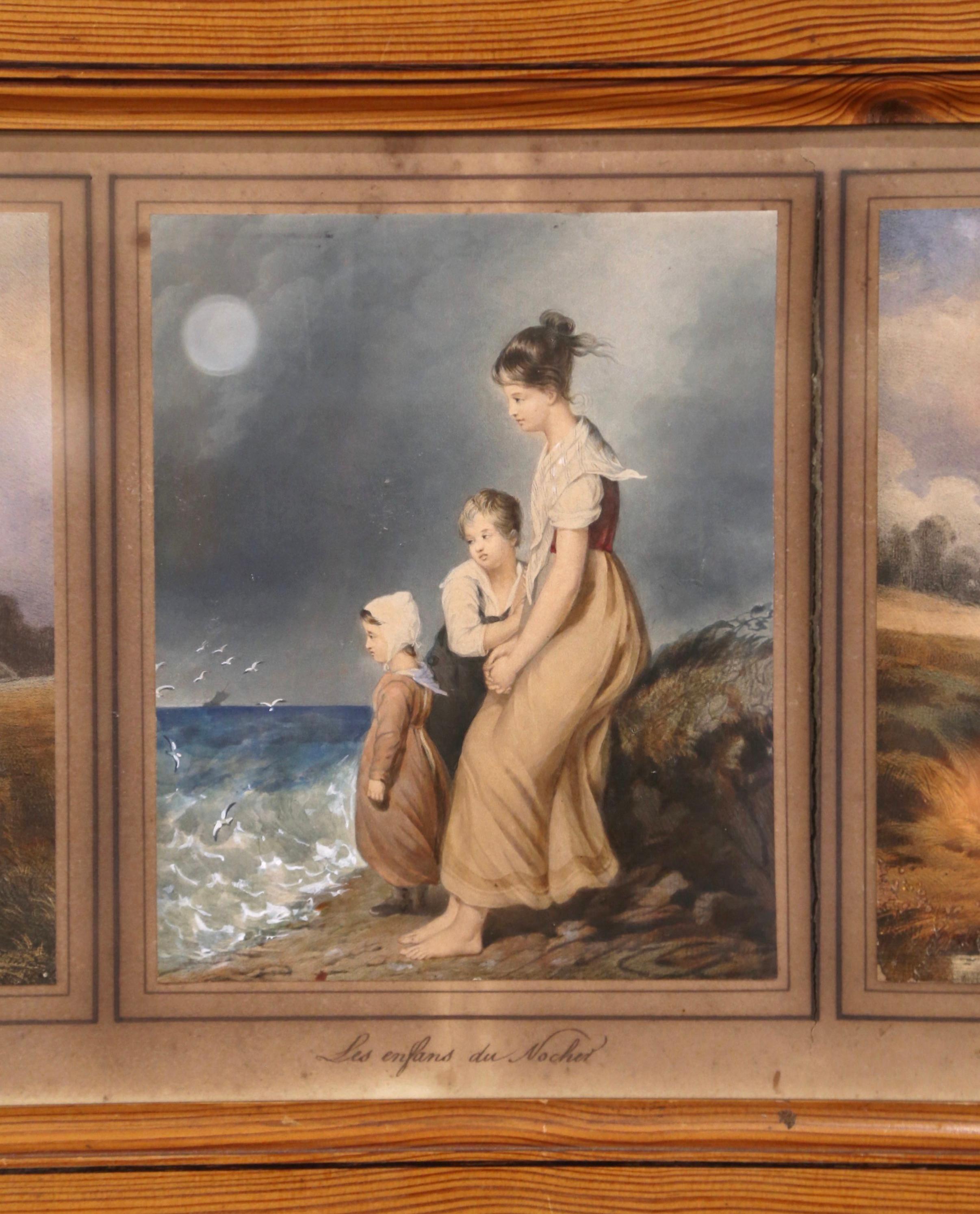 Mid 19th Century French Watercolor Pictures under Glass in Pine Frame For Sale 2