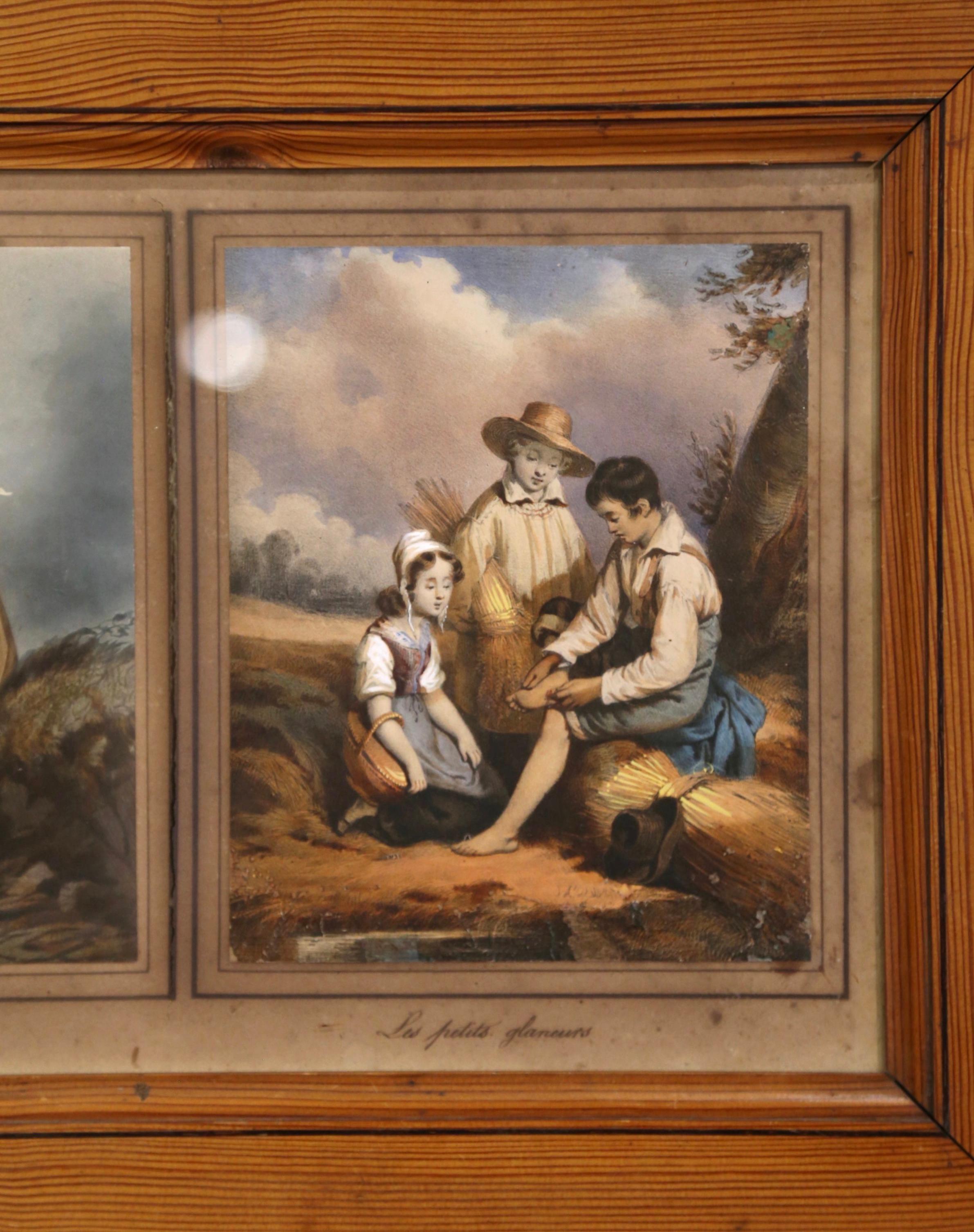 Mid 19th Century French Watercolor Pictures under Glass in Pine Frame For Sale 3