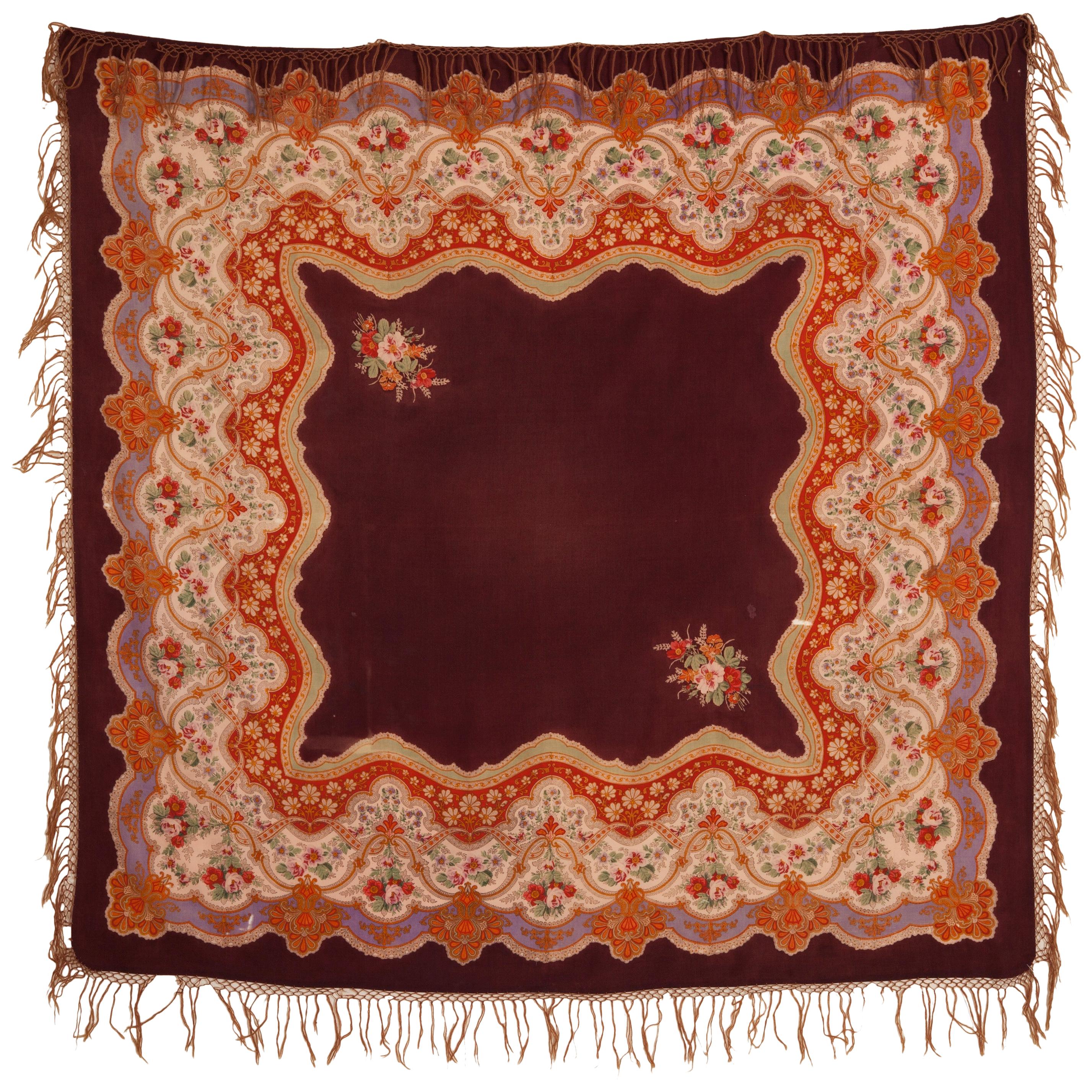 Mid-19th Century French Wool Floral Shawl For Sale