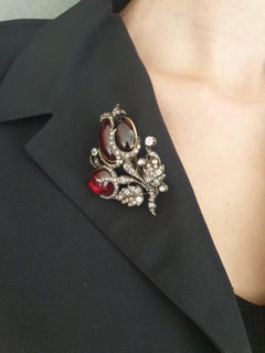 Mid 19th Century Red Cabochon Garnet White Old Cut Diamond Brooch Gold Silver