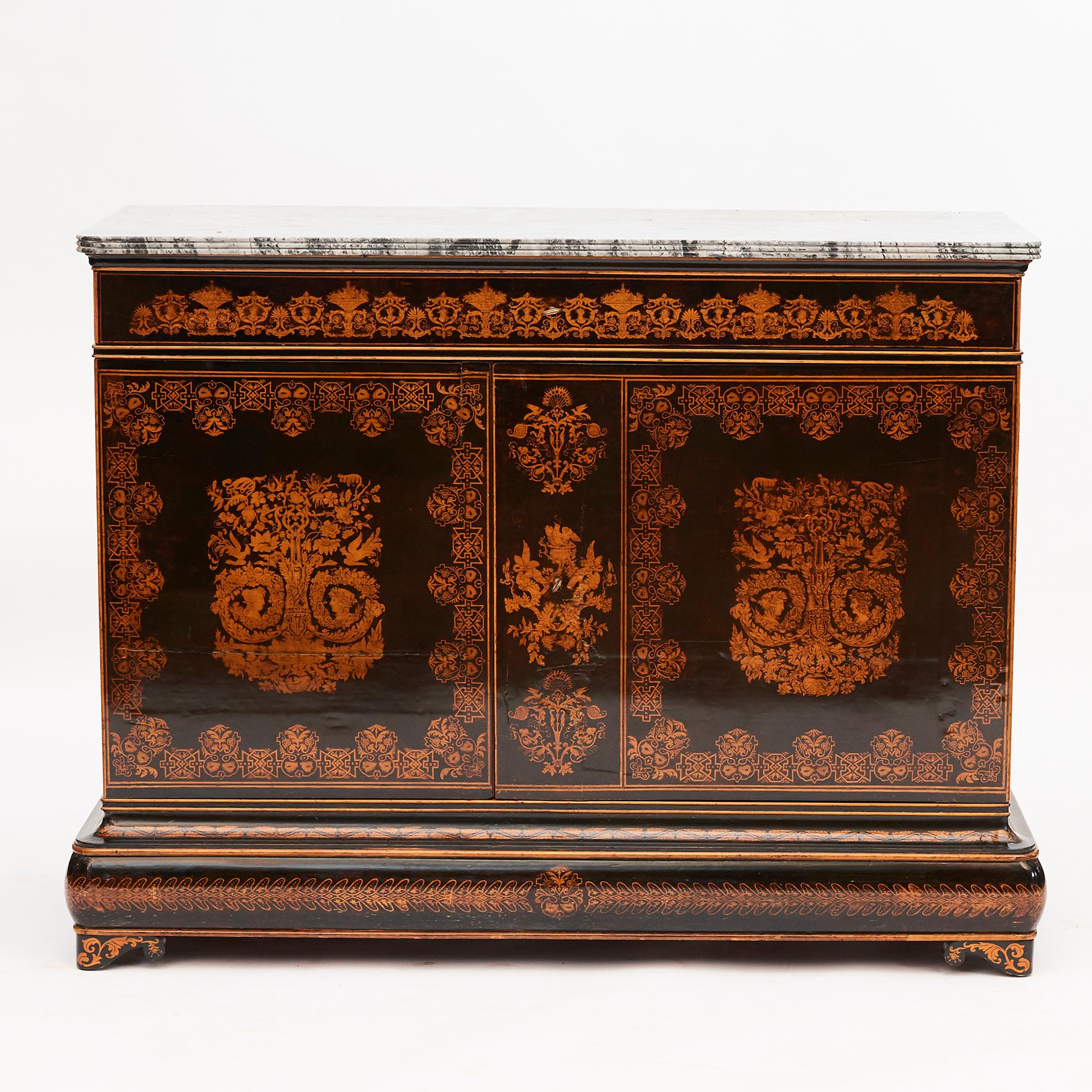 A Louis Philippe fruitwood cabinet with blue Turin marble top, sides and front richly decorated with a design of figures and ornaments, front with two doors behind which drawers. 

Signed G. Durand, Paris.
Mid-19th century.
Measures: H. 98 cm., W.