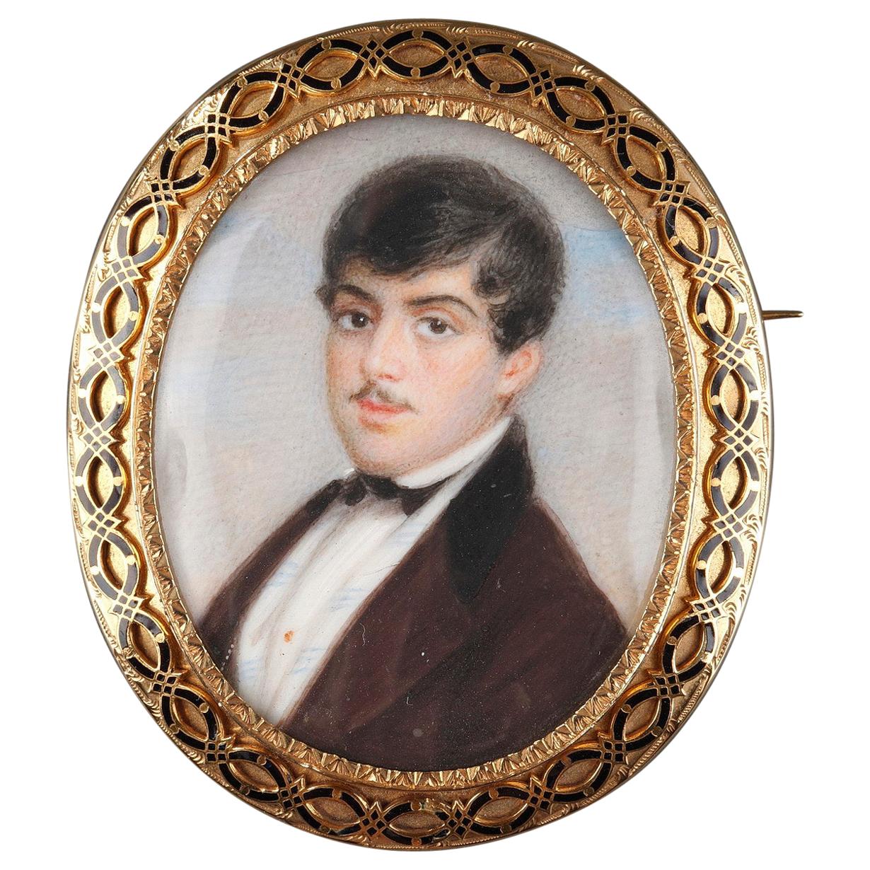 Mid-19th Century Gold and Enamelled Brooch with Miniature