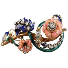 Mid-19th Century Gold, Enamel, Diamond, Rubis and Emerald Brooch "Trembleuse"