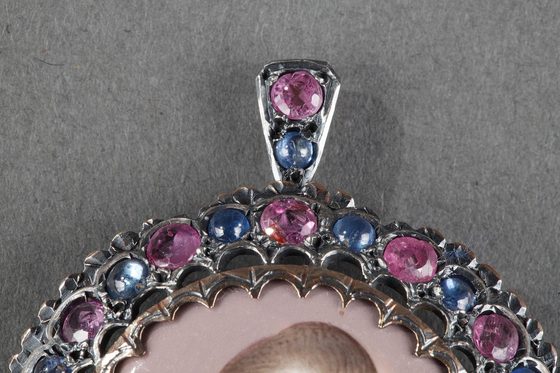 Mid-19th Century Gold Pendant with Miniature, Sapphires and Rubies For Sale 3