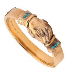 Mid-19th Century Gold Torquoise and Diamond Clasped Hands Bracelet