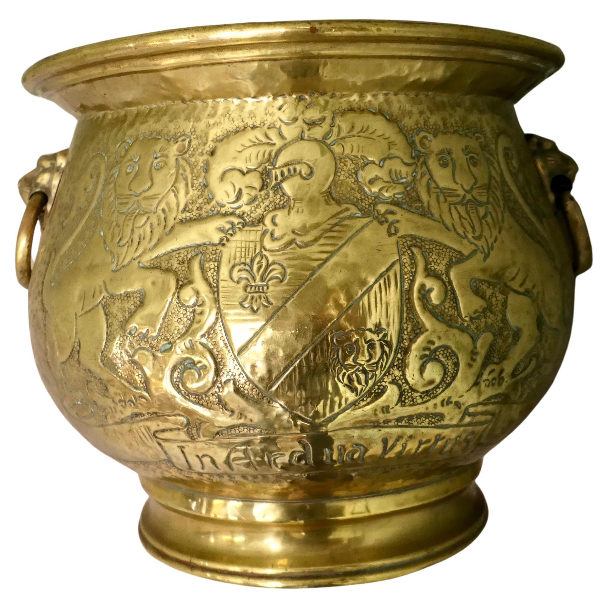 Mid 19th Century Gothic Brass Jardiniere with Shields This is a very old piece For Sale