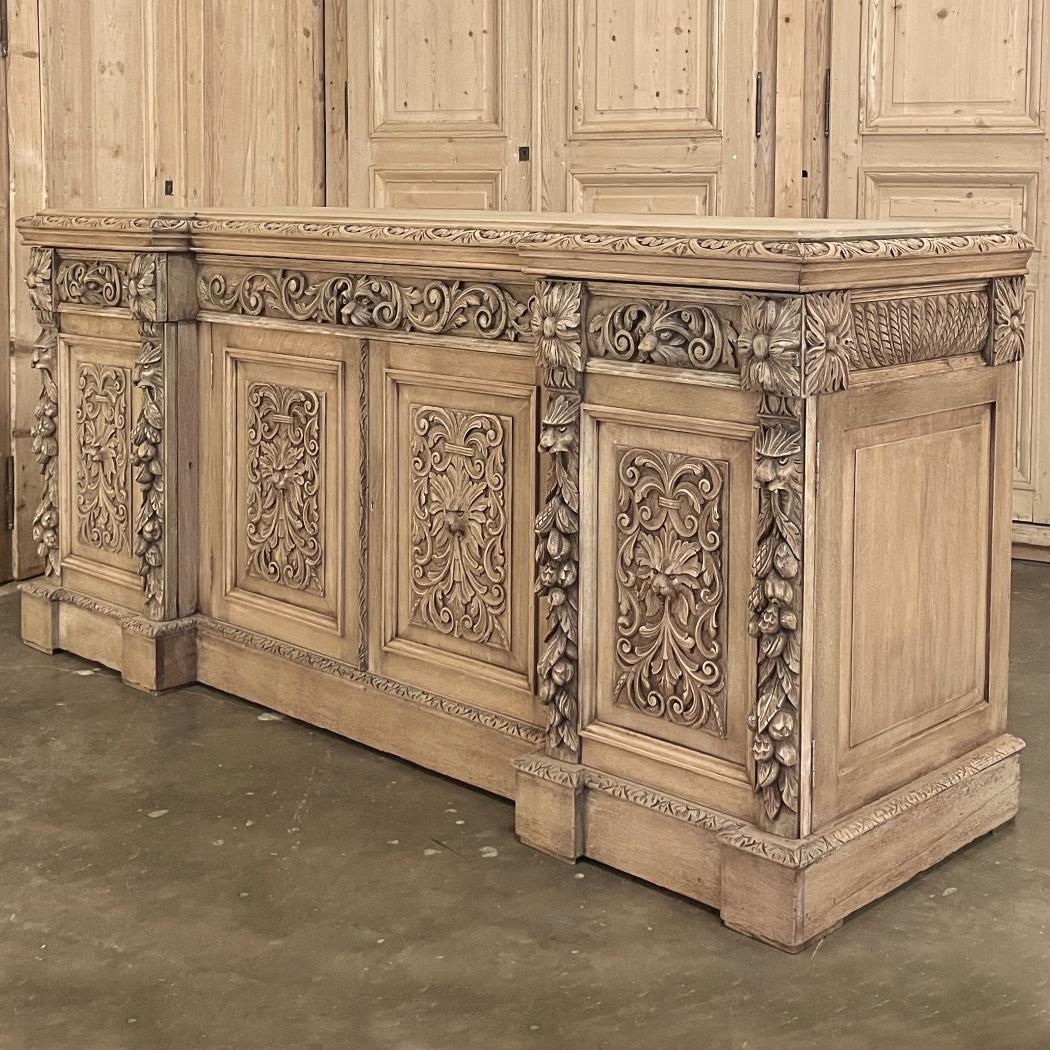 Hand-Carved Mid-19th Century Grand French Renaissance Low Buffet in Stripped Oak