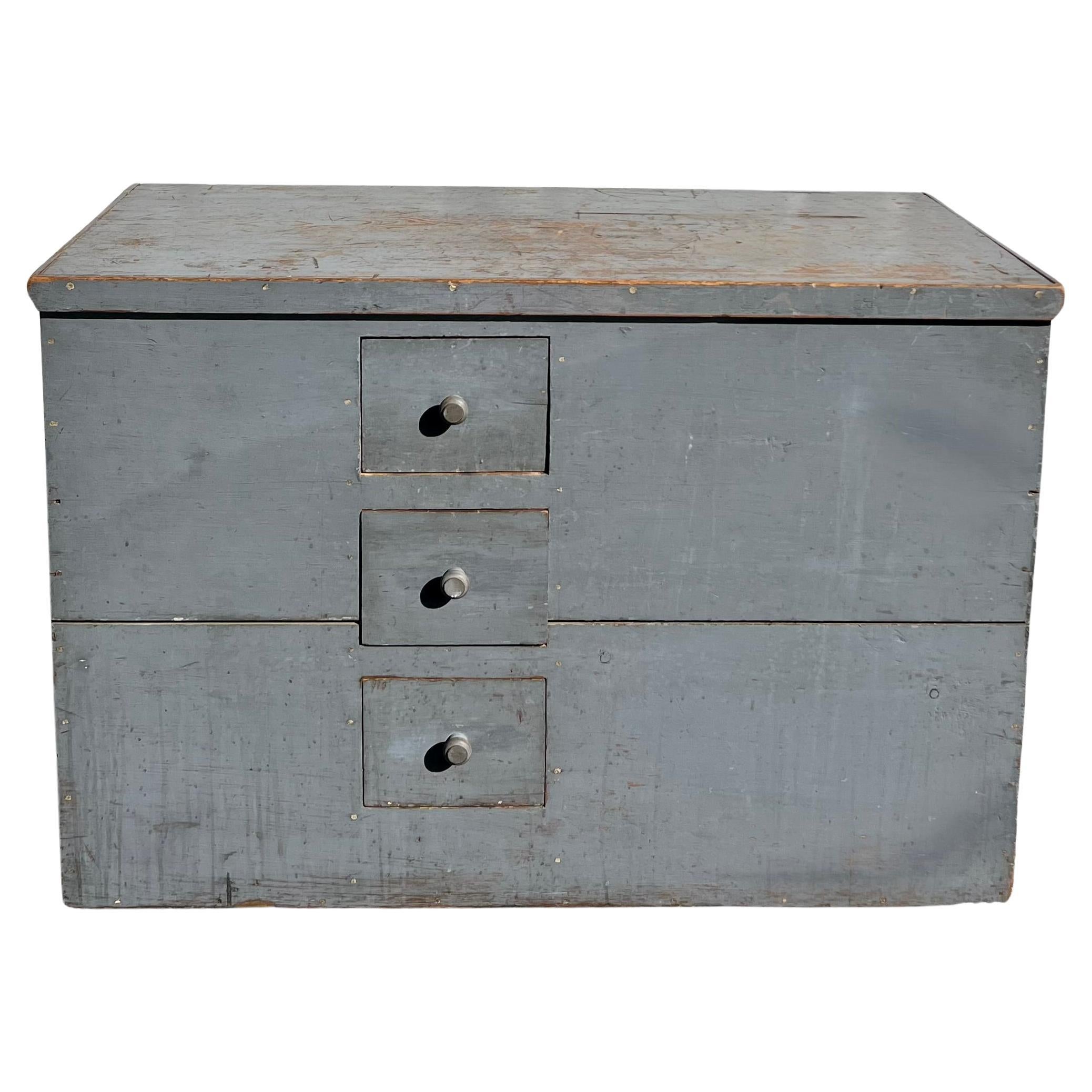 Mid-19th Century Gray Blue Painted Grain Storage Bin With 3 Drawers