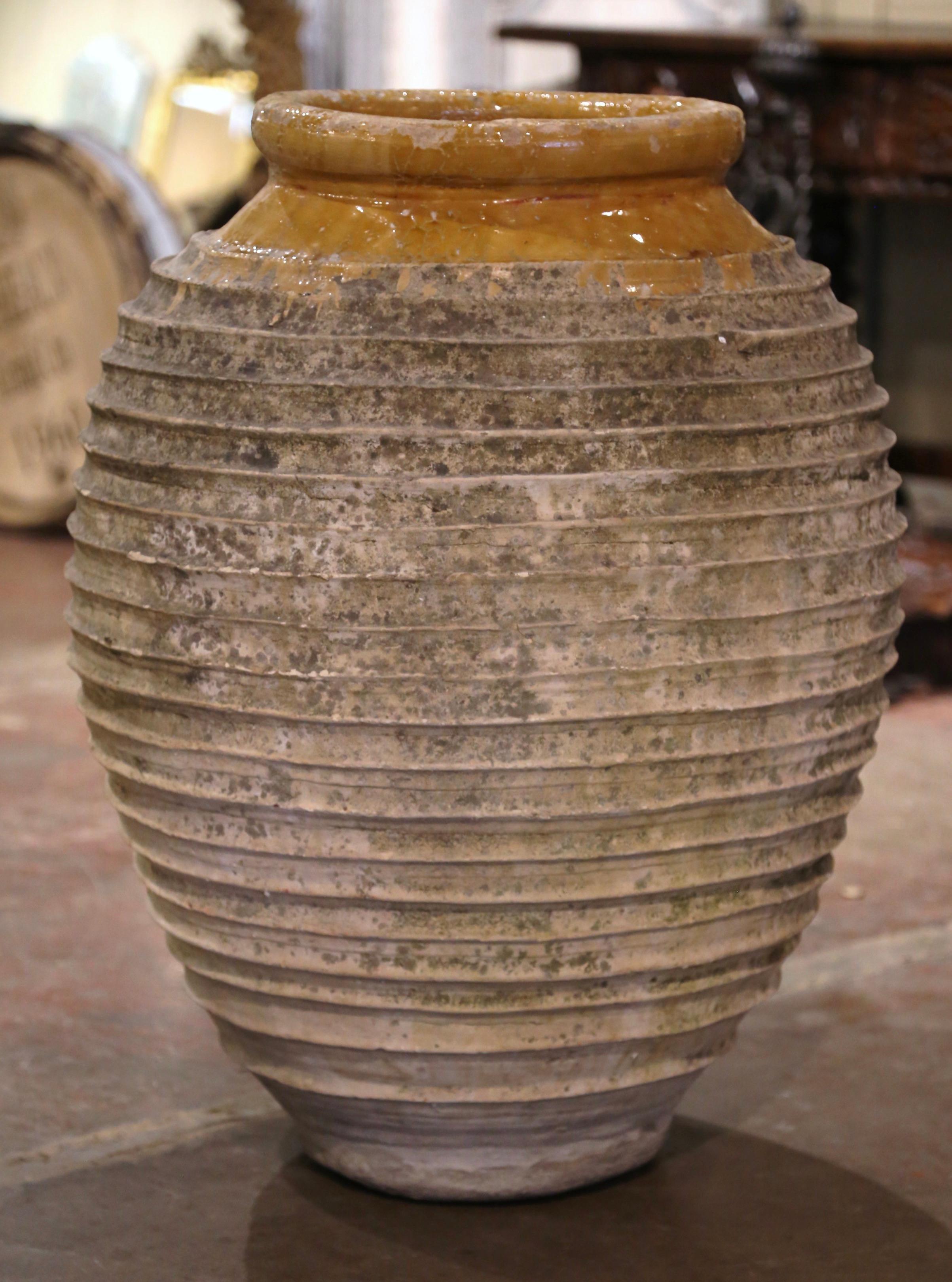  Mid-19th Century Greek Patinated Terracotta Olive Jar with Mustard Glazed Neck In Excellent Condition For Sale In Dallas, TX