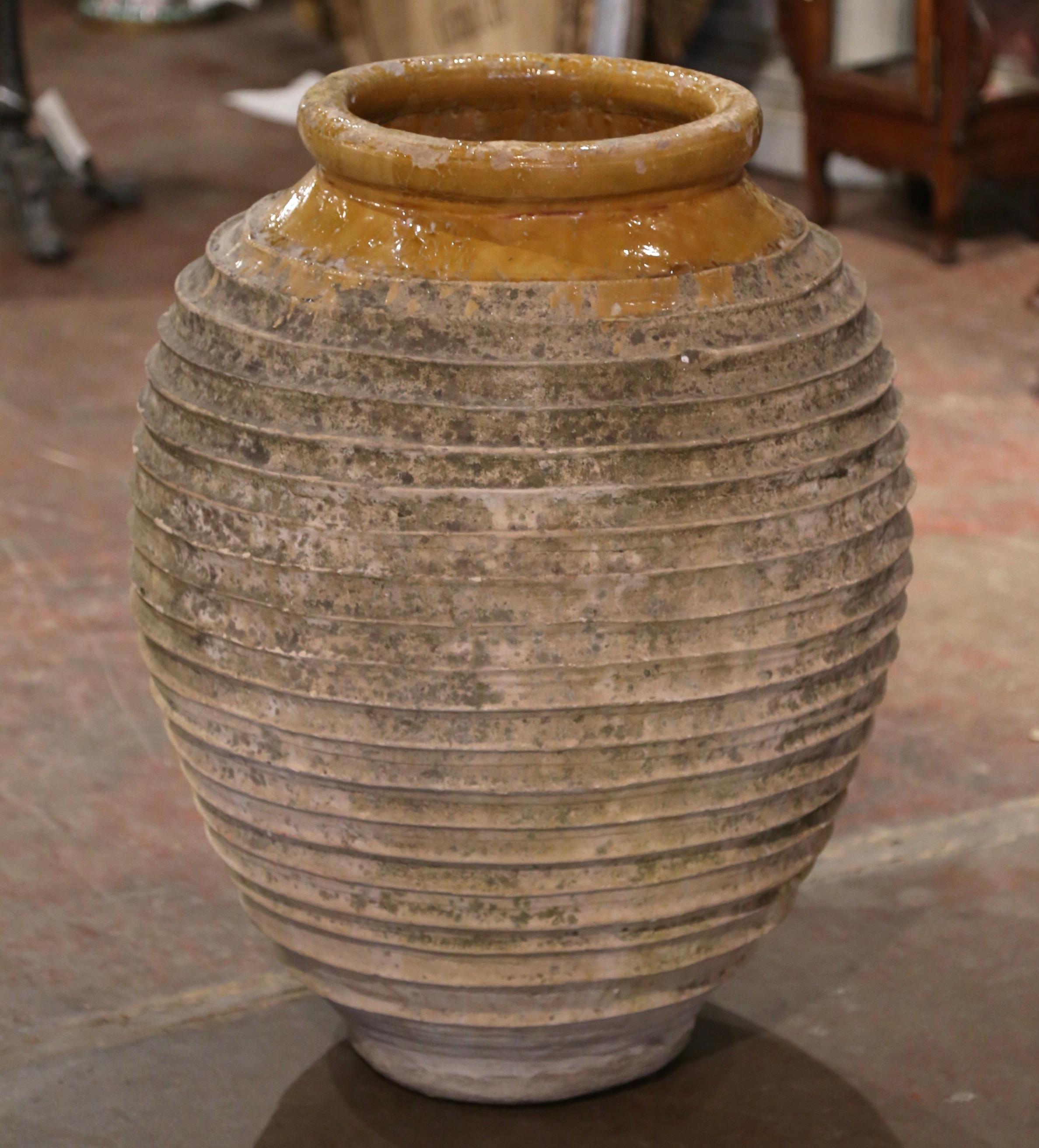  Mid-19th Century Greek Patinated Terracotta Olive Jar with Mustard Glazed Neck For Sale 2
