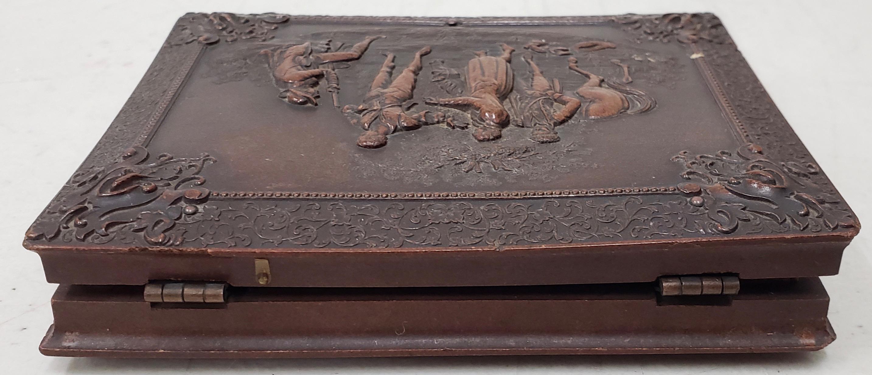 American Mid-19th Century Gutta Percha Box with Photo's & Contemporary Notes on Genealogy For Sale