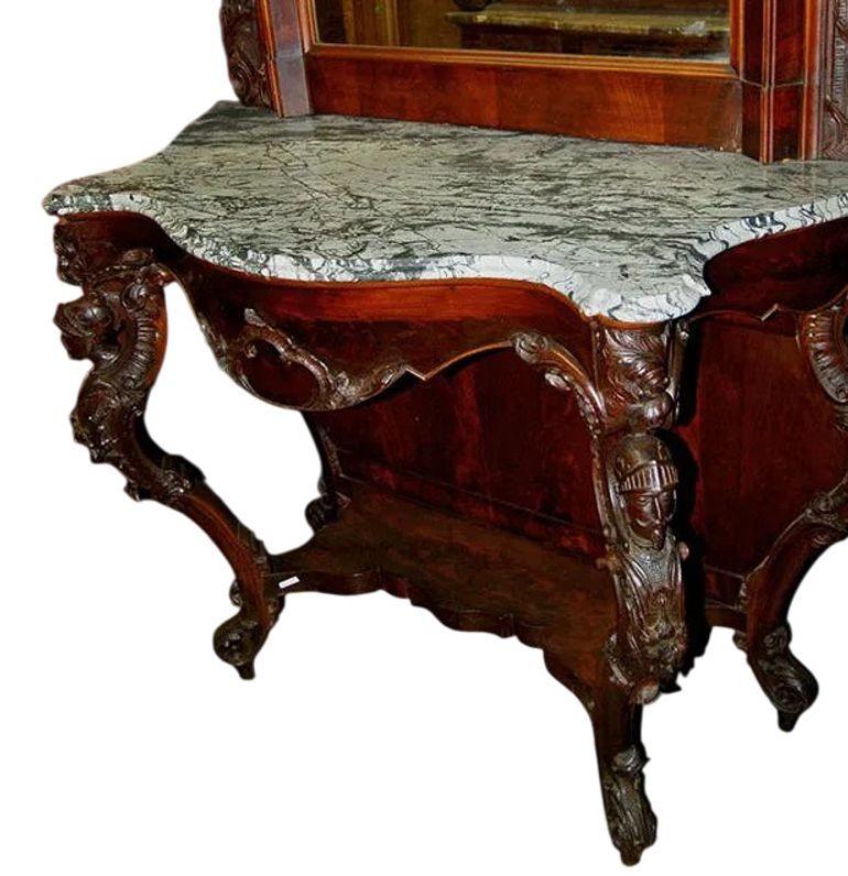 Mid-19th Century Hand Carved Italian Console with Marble Top and Mirror In Good Condition For Sale In Los Angeles, CA