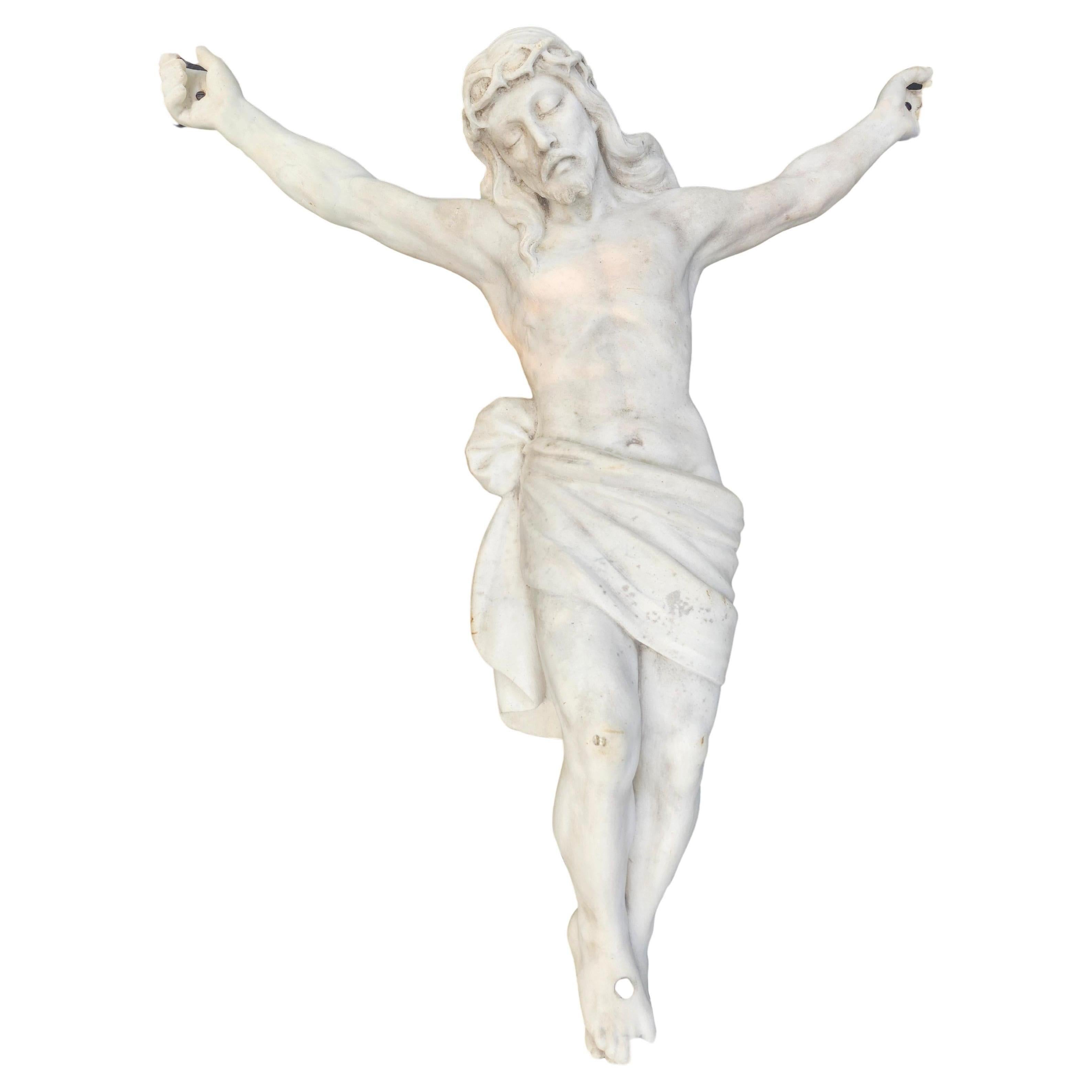 Highly detailed crafted by hand in the 19th century by Italian craftsmen from white marble for a Roman Catholic Church in the United States 
Mounted outdoors for over a hundred years until the Church was demolished about 10 years ago
The original