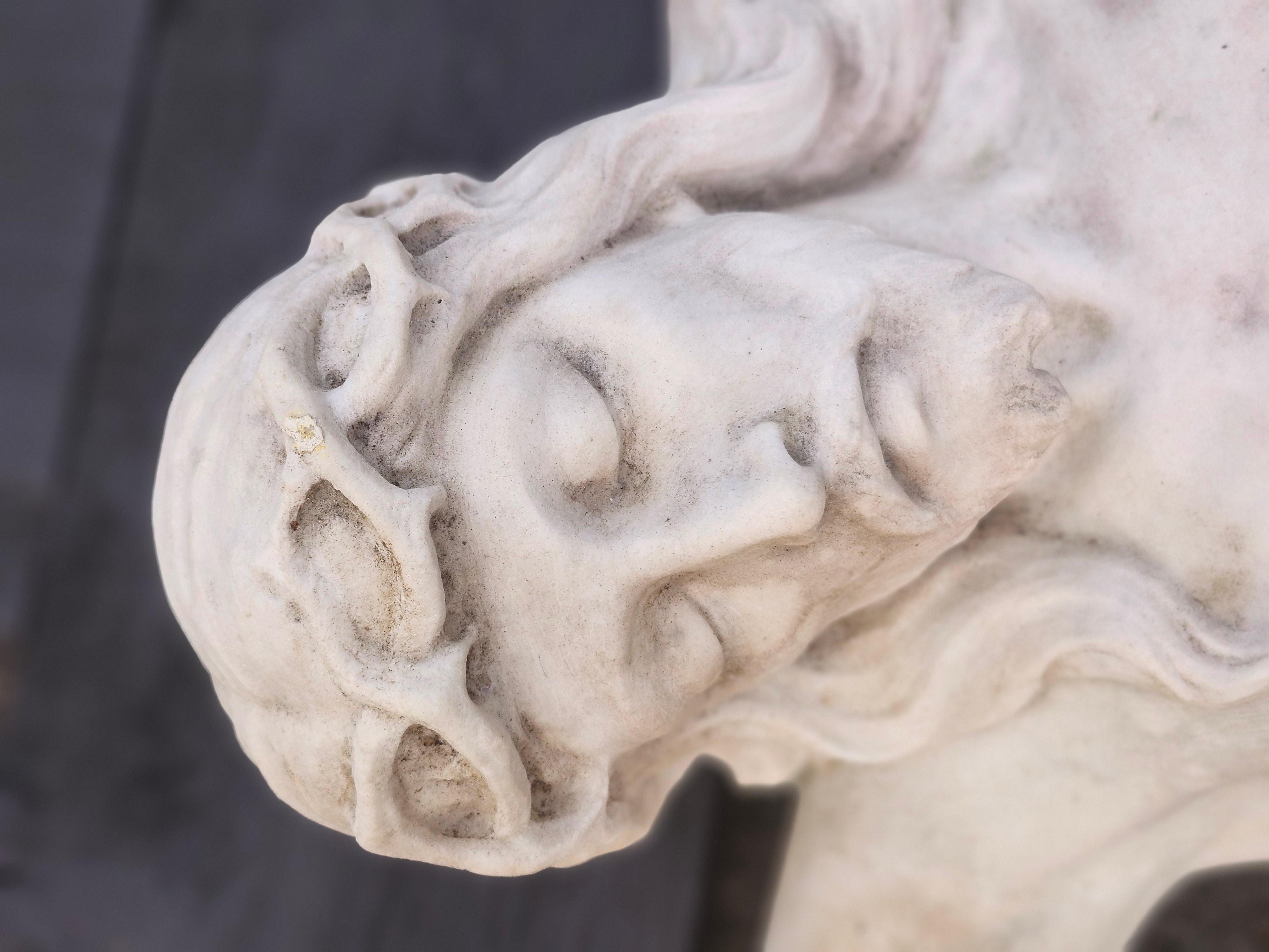 Hand-Crafted Mid 19th Century Hand Chiseled  Marble Jesus On The Cross Italy For Sale