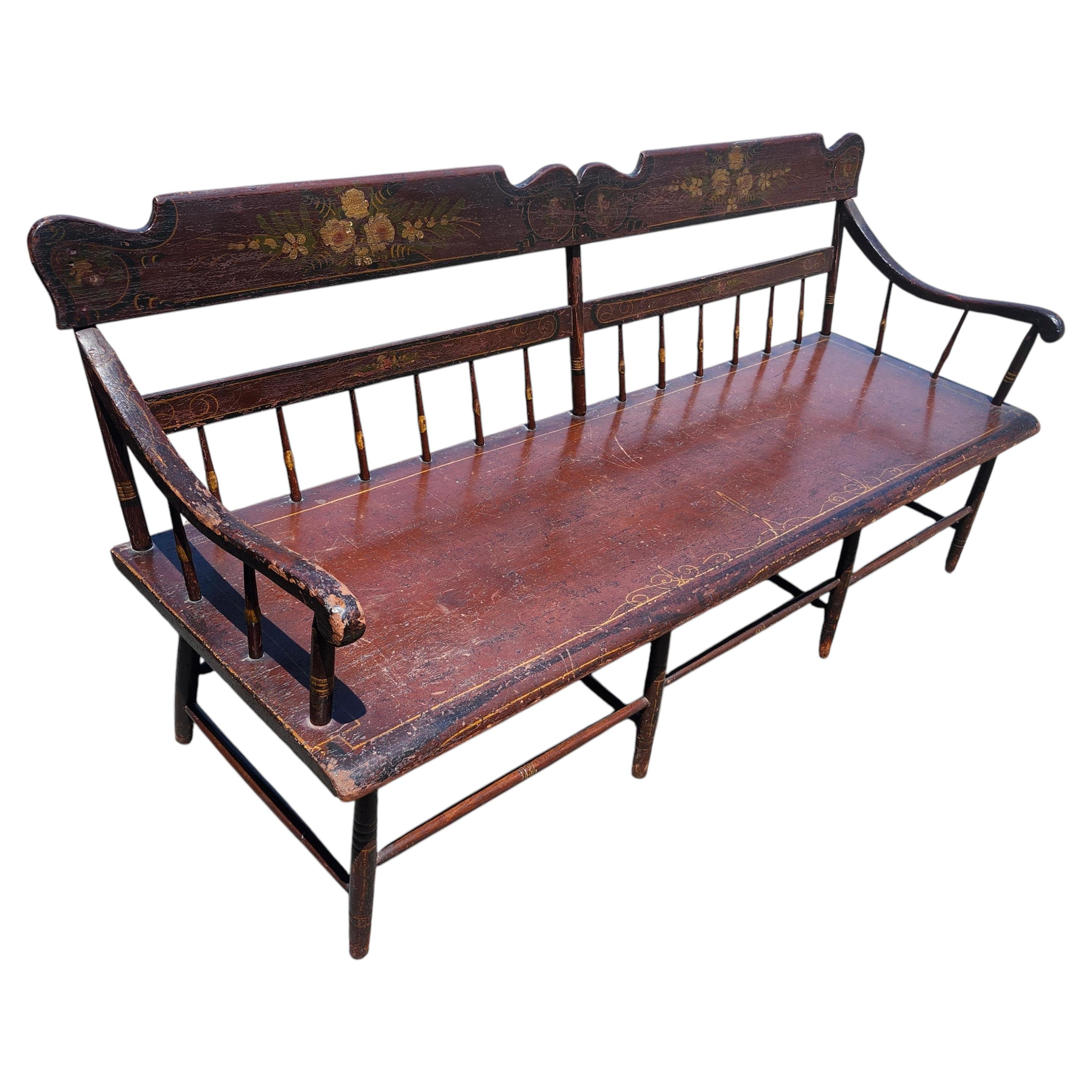 Mid 19th Century Hand Crafted & Painted Pennsylvania Sheraton Plank Seat Bench For Sale
